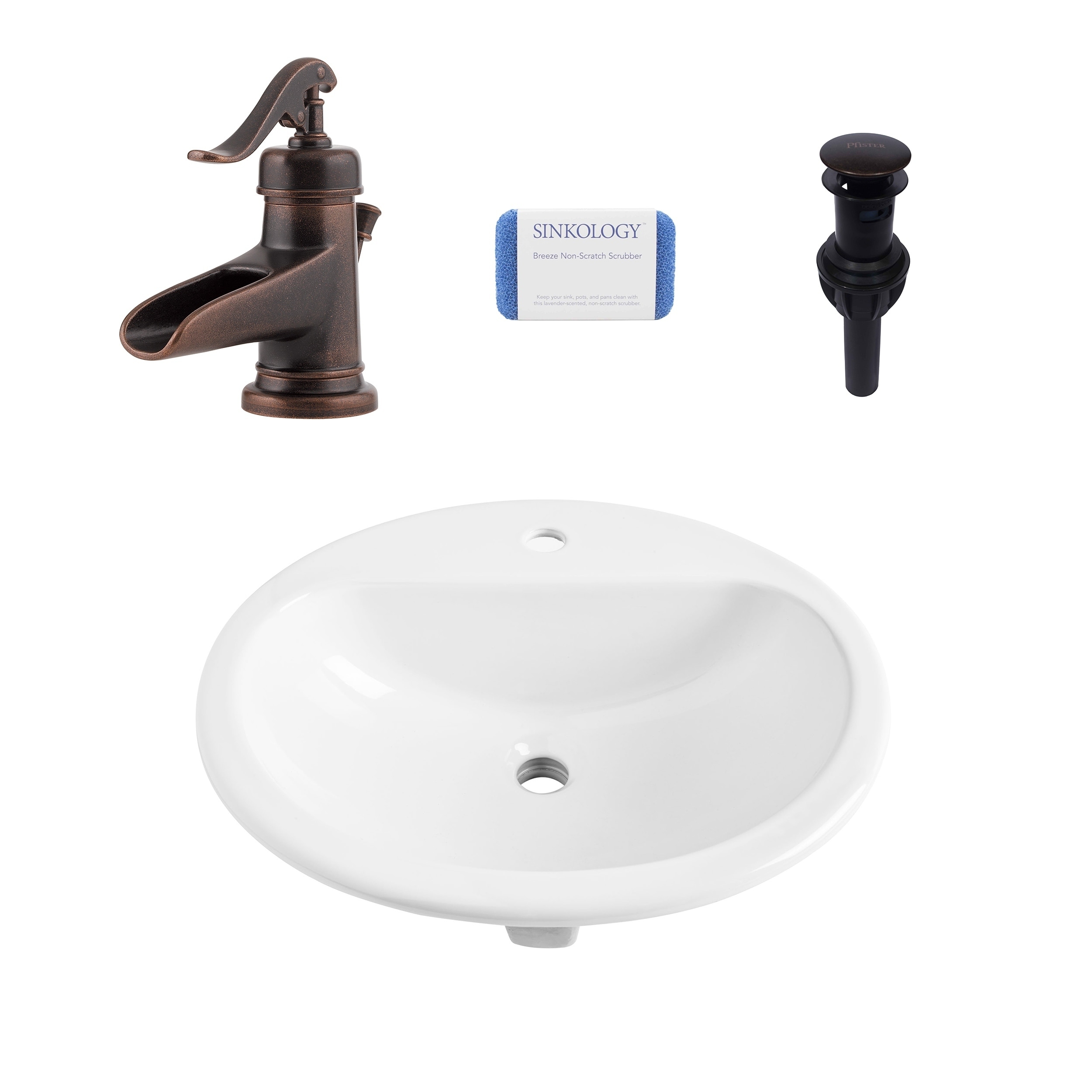 Rene Oval Drop In Vitreous China Bathroom Sink In White And Ashfield Rustic Bronze Faucet Kit