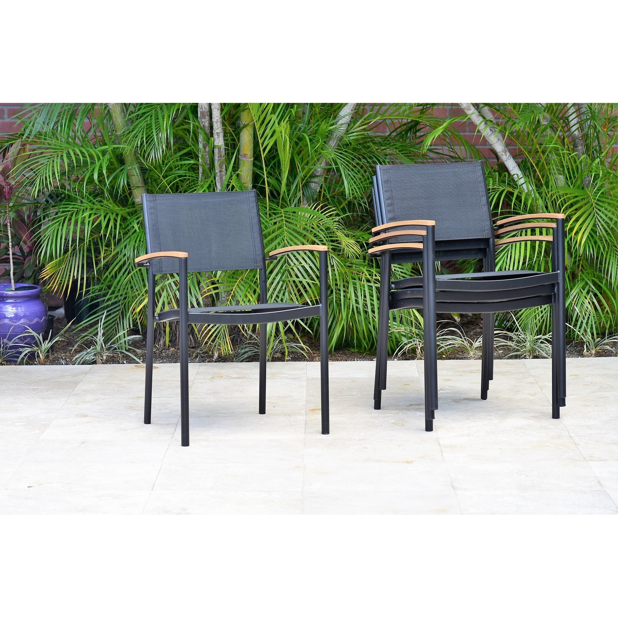 Alamo Teak Round 5 Piece Patio Dining Set With Black Chairs By Amazonia