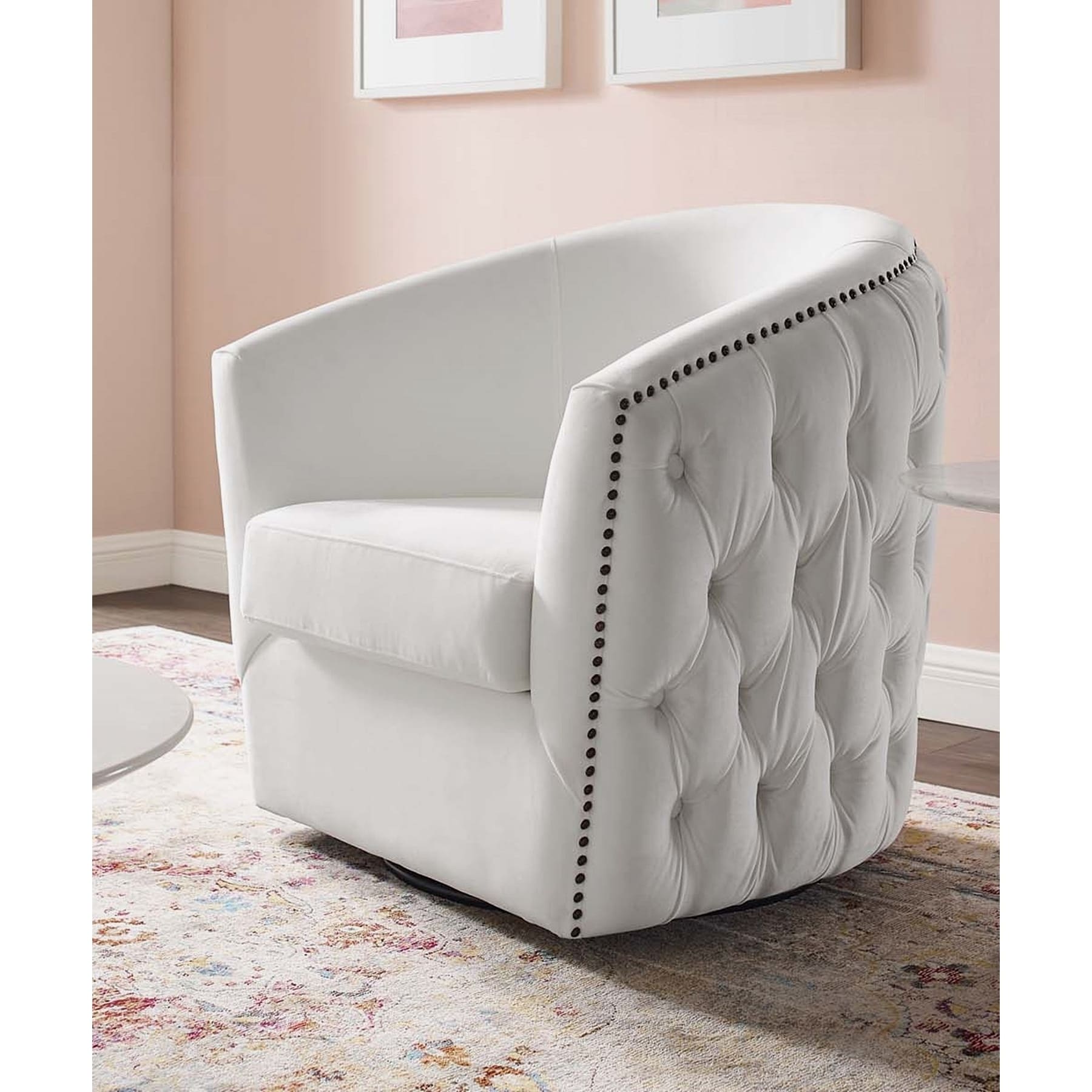 Hanson White Velvet Button Tufted Swivel Chair Overstock 28360419