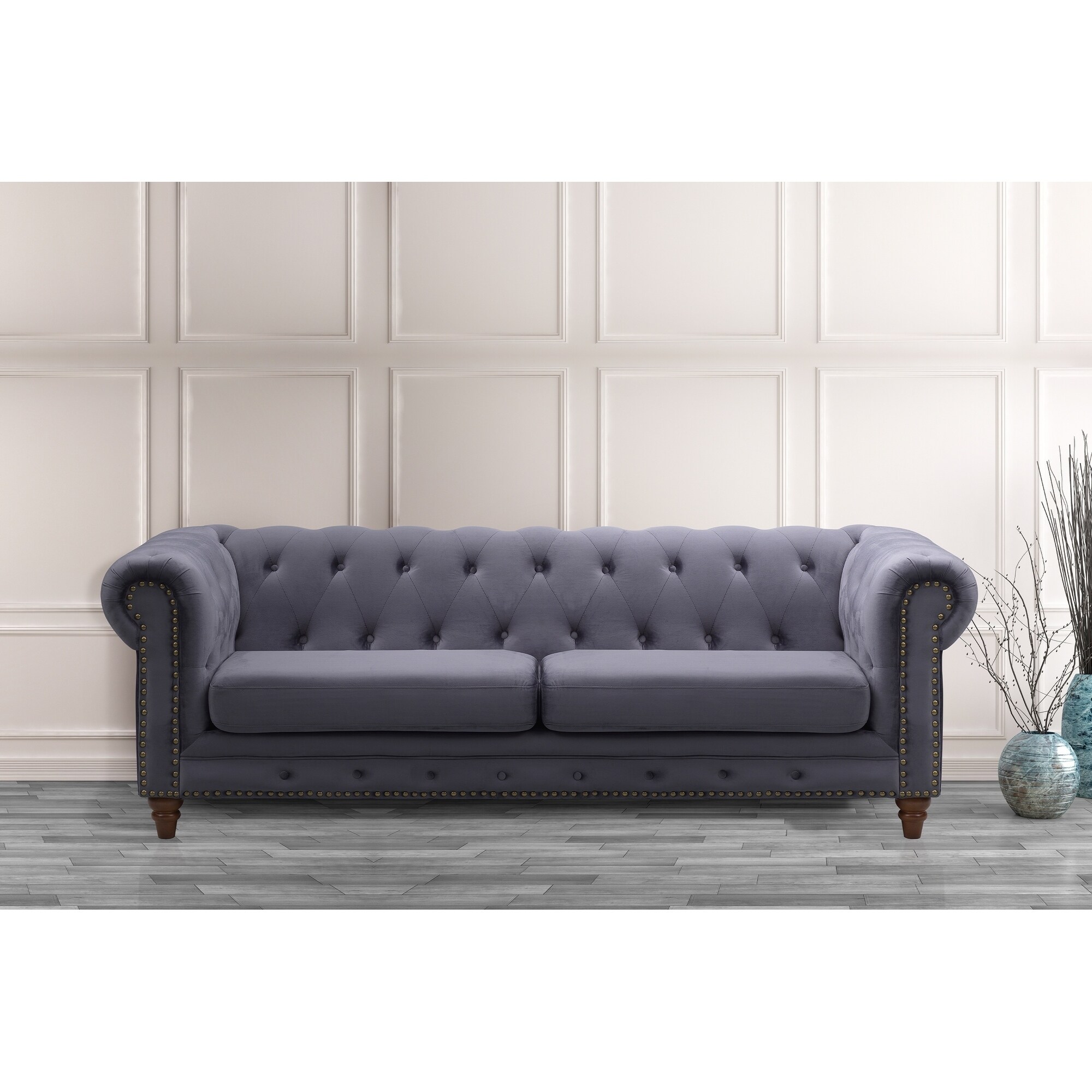 Queen Chesterfield Sofa In Walnut Finish With Dark Gray Velvet