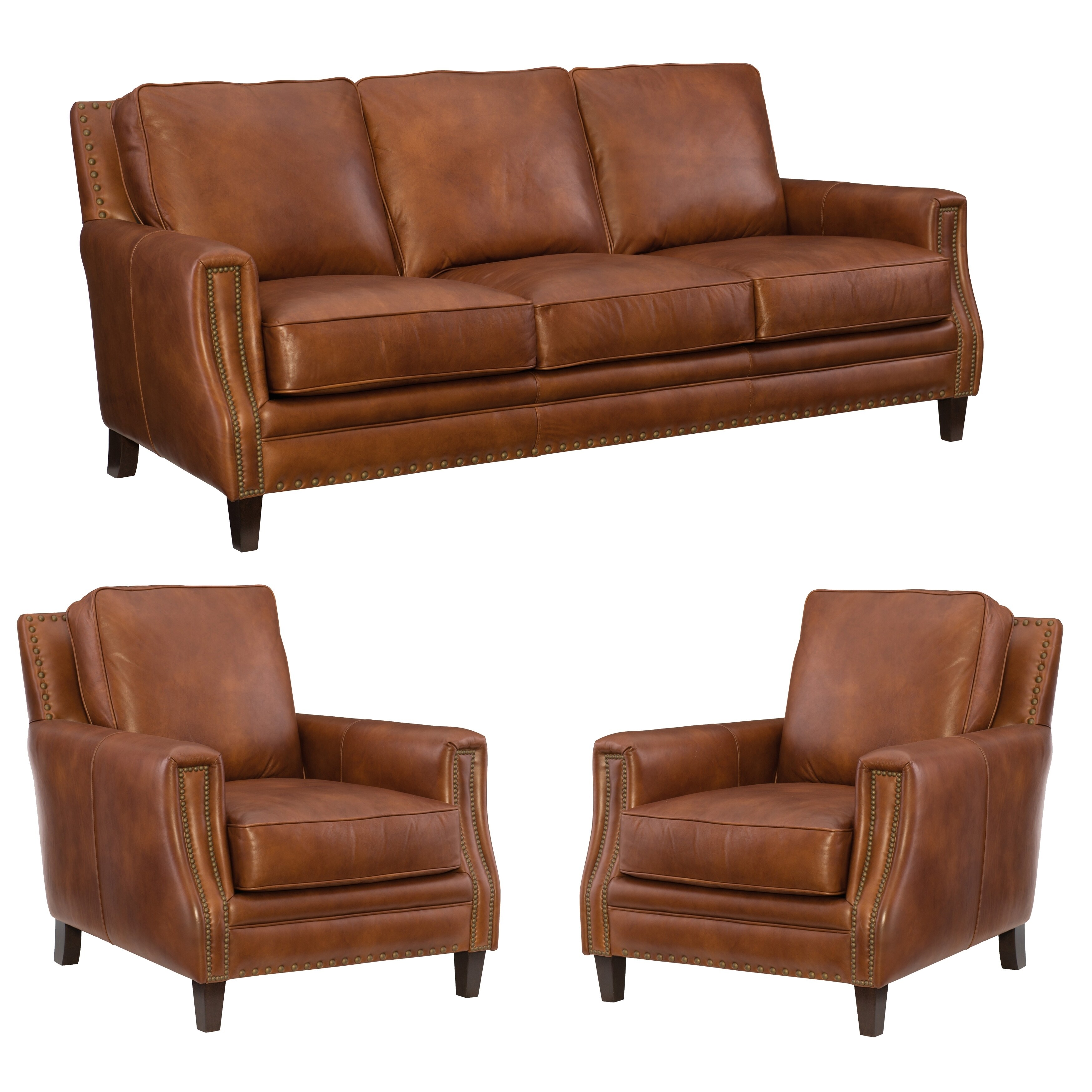 Warner Saddle Brown Top Grain Italian Leather Sofa And Two Chairs