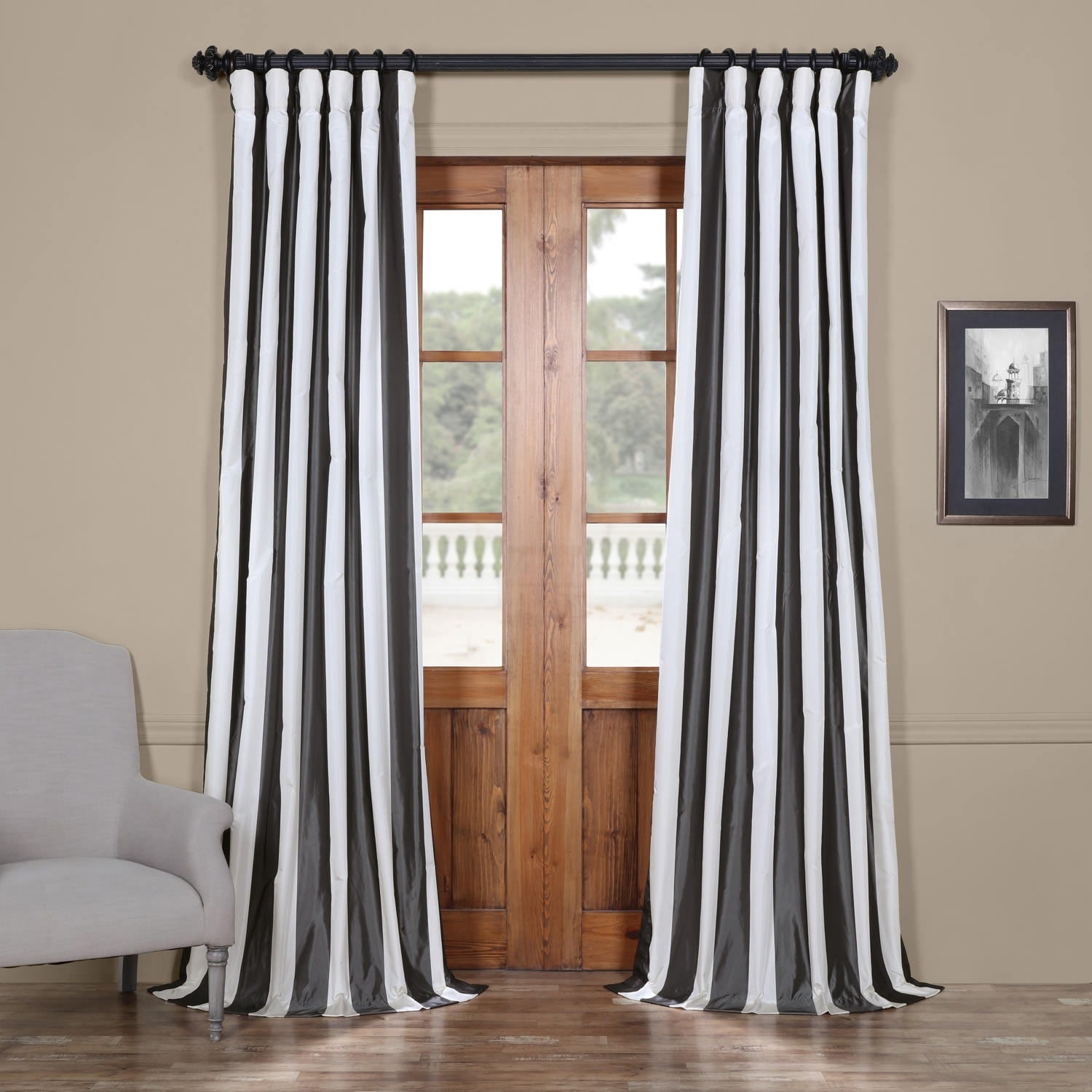 Exclusive Fabrics Signature Stripe Dark Grey White Faux Silk Exclusive Fabrics Signature Stripe Dark Grey White Faux Silk Taffeta Curtain Panel
