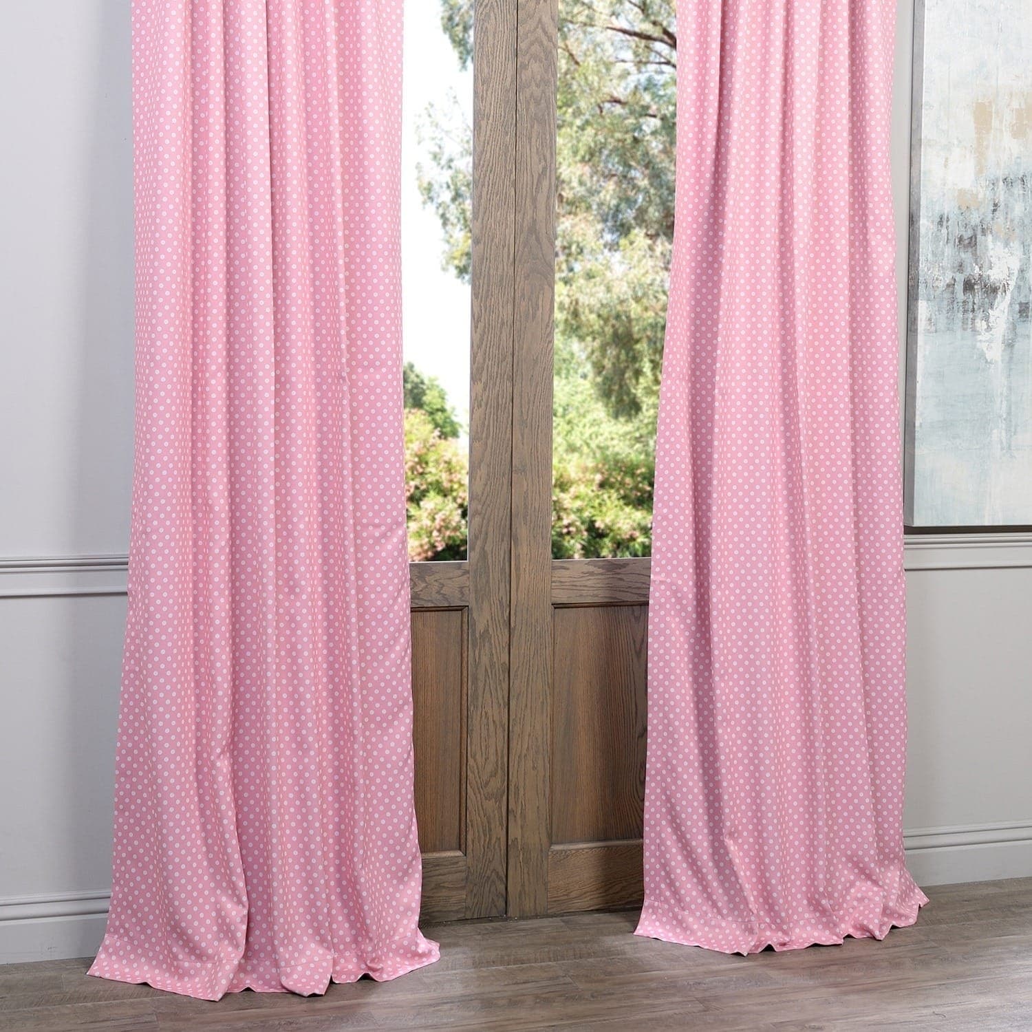 Exclusive Fabrics Pink Polka Dot Blackout Back Tab Pole Pocket Curtain Exclusive Fabrics Pink Polka Dot Blackout Back Tab Pole Pocket Curtain