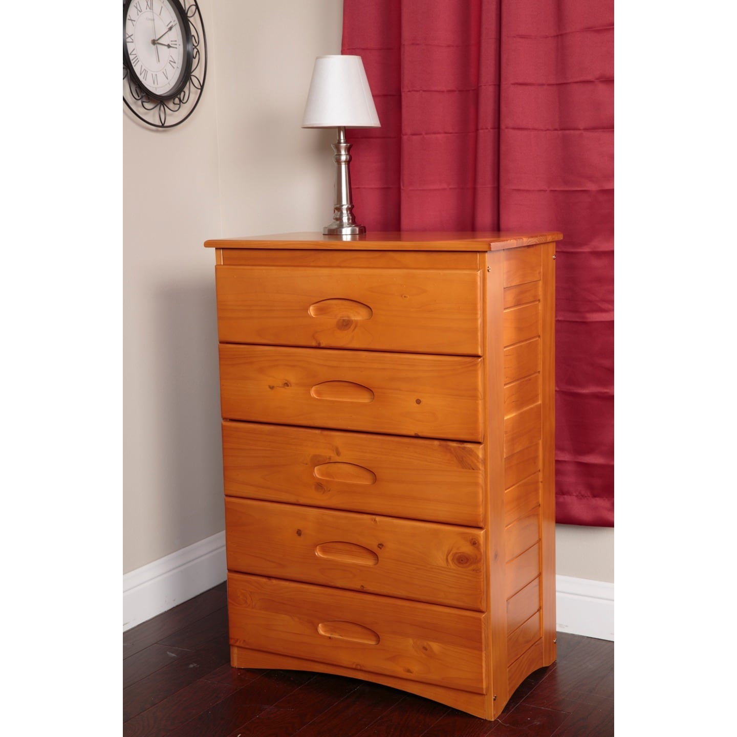 Shop Honey Pine Five Drawer Chest Overstock 9179806