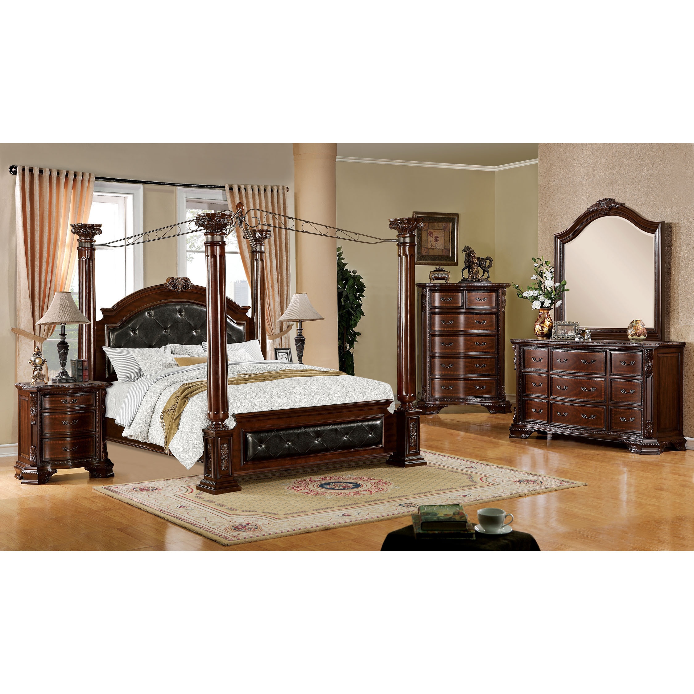 Furniture Of America Luxury Brown Cherry 4 Piece Baroque Style Canopy Bedroom Set
