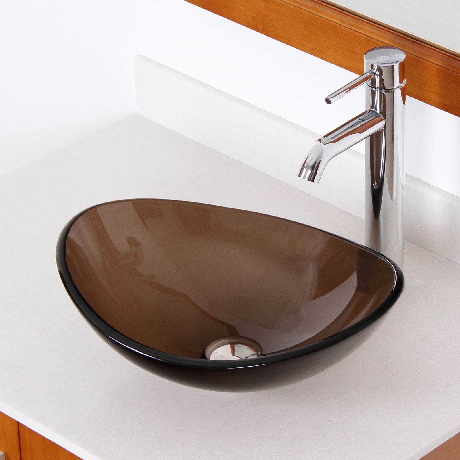 Elite 1417 F371023 Unique Oval Transparent Brown Tempered Glass Bathroom Vessel Sink With Faucet Combo