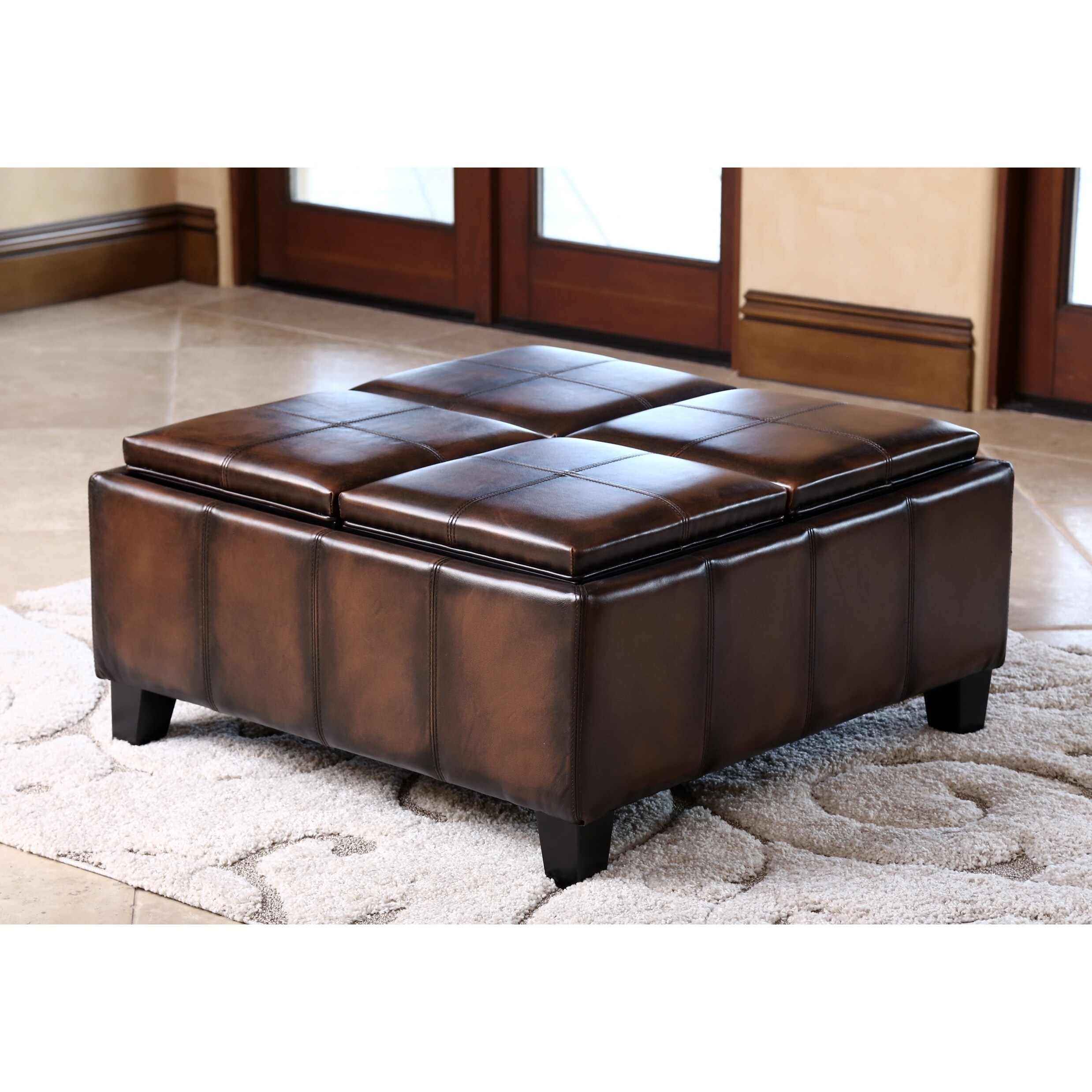 Abbyson Vincent Hand Rubbed Brown Leather Square Ottoman With 4 Abbyson Vincent Hand Rubbed Brown Leather Square Ottoman With 4