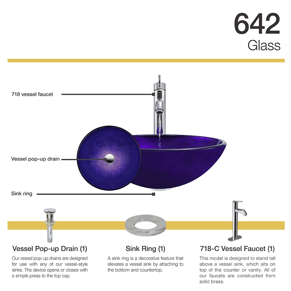 642 Foil Undertone Purple Glass Vessel Sink Chrome Vessel Faucet Sink Ring And Vessel Pop Up Drain