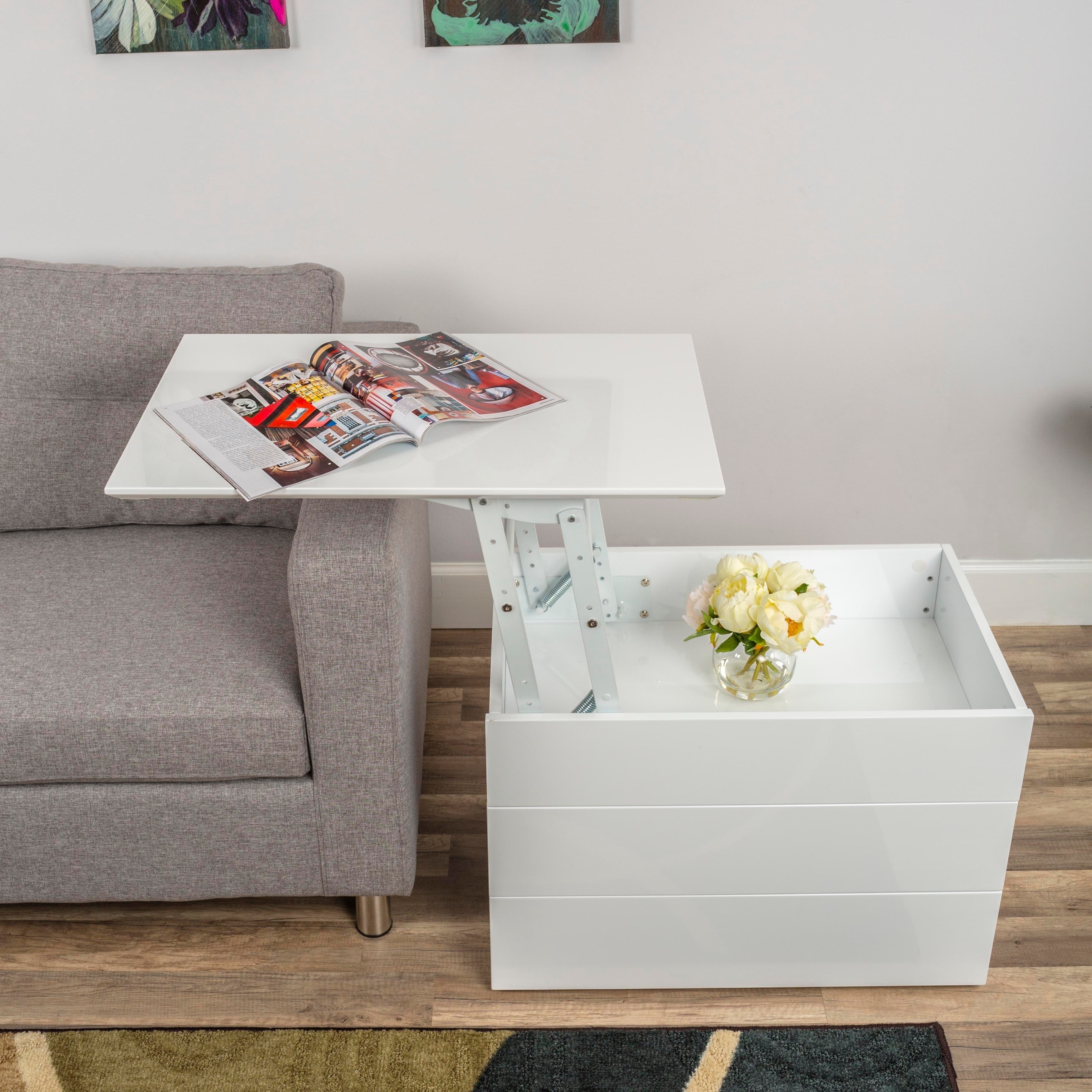 High Gloss White Lacquer Lift Top Hidden Storage 2 Drawer Nighstand Side Table On Ball Wheels Overstock 9730356