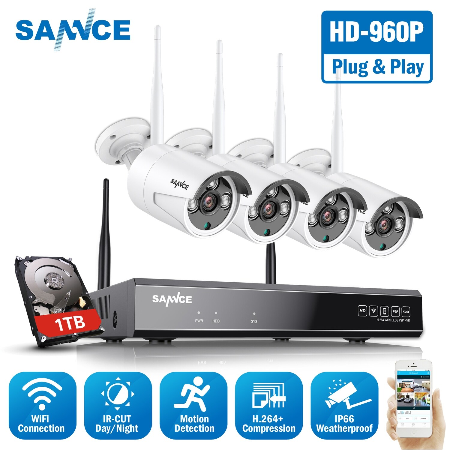 Sannce 8ch 4pcs 960p Wifi Camera System Outdoor P2p Home Ip Security Surveillance Kit