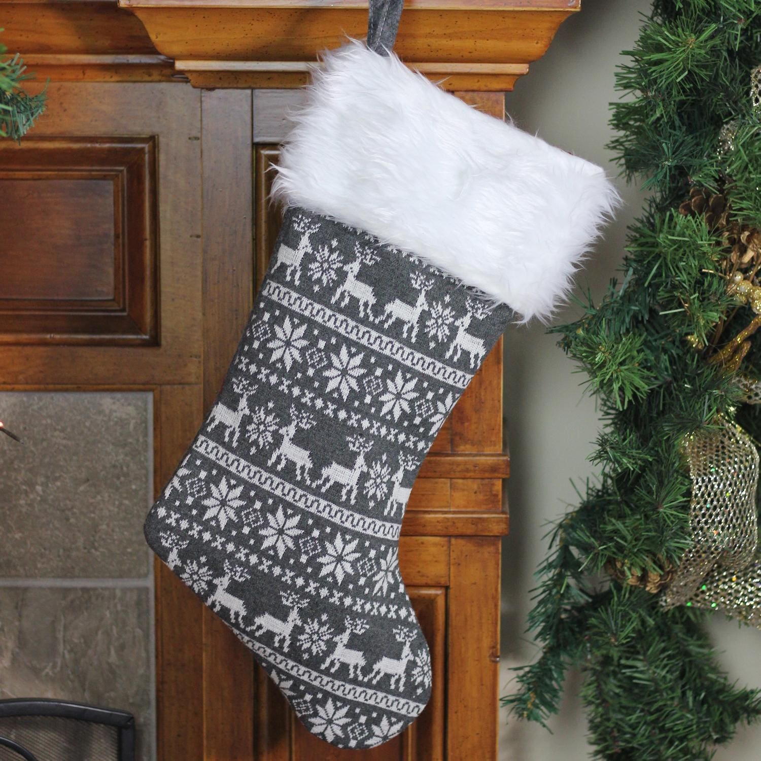 shop 155 gray and white reindeer and snowflake knit christmas stocking with faux fur cuff free shipping on orders over 45 overstockcom 18293960 - White Knit Christmas Stockings shop 155 gray and white reindeer and snowflake knit christmas stocking with faux fur cuff free shipping on orders over 45 overstockcom 18293960 - White Knit Christmas Stockings