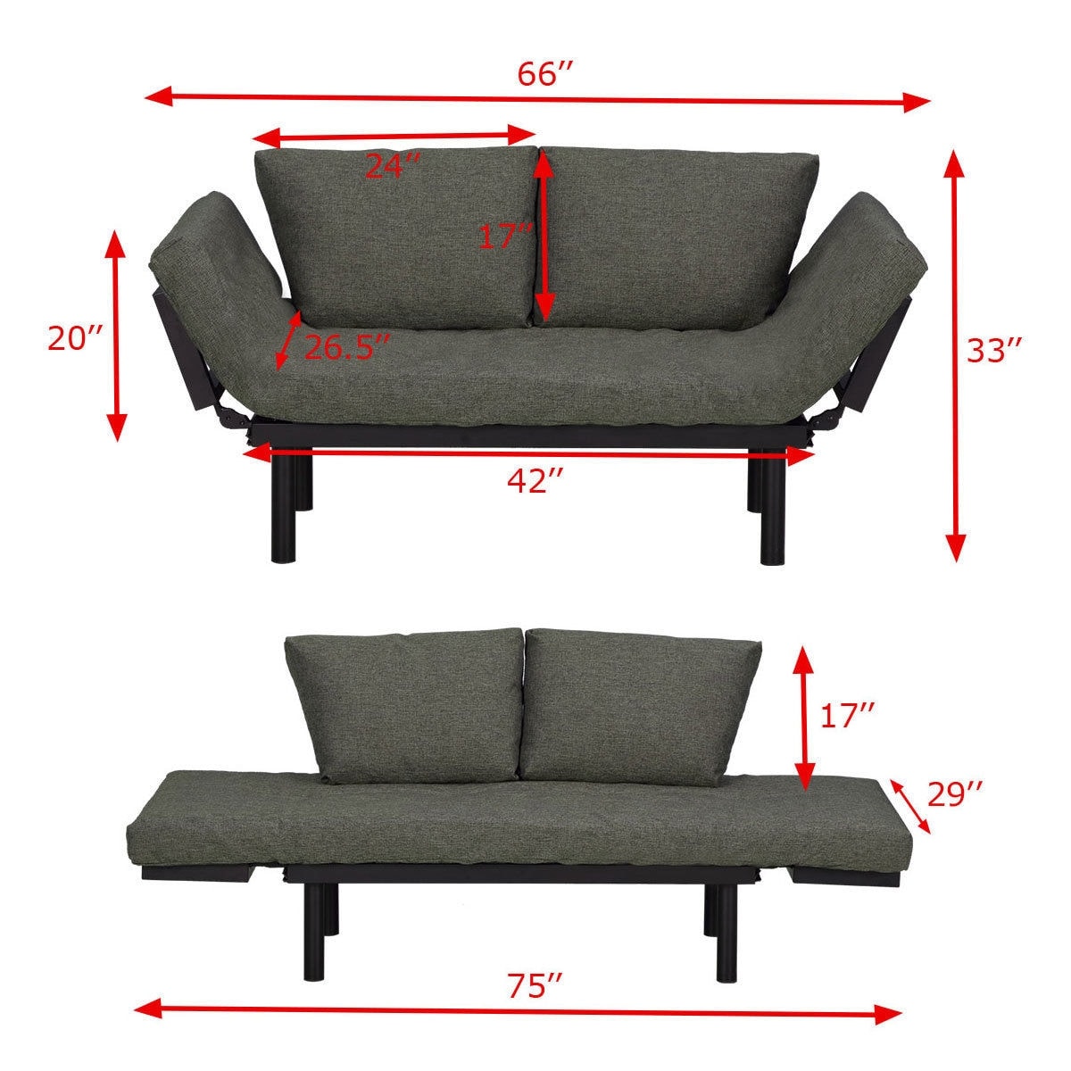 Costway Futon Sofa Sleeper Loveseat Convertible Bed Costway Futon Sofa Sleeper Loveseat Convertible Bed Lounger W Adjule Armrests As Pic Free Shipping Today 22437194