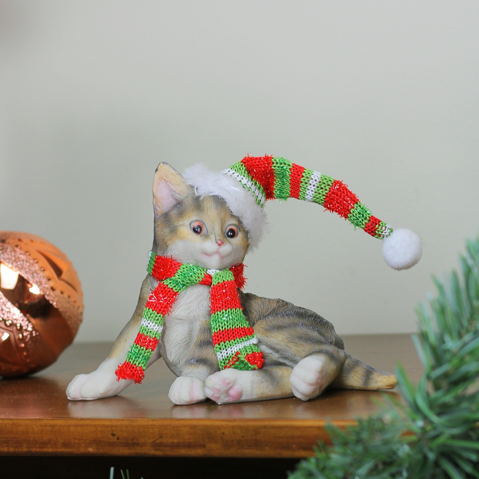 Shop 6 75 Brown Sitting Tabby Cat With Striped Hat And Scarf