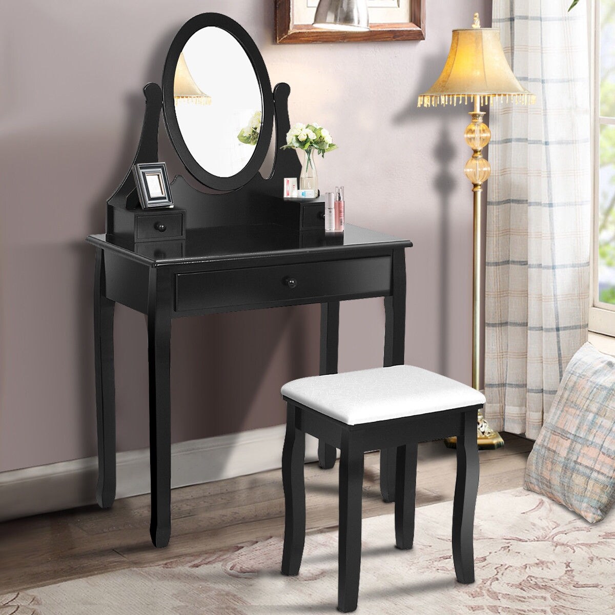 Gymax Bathroom Wooden Mirrored Makeup Vanity Set Stool Table Gymax Bathroom Wooden Mirrored Makeup Vanity Set Stool Table Black Free Shipping Today 22971633