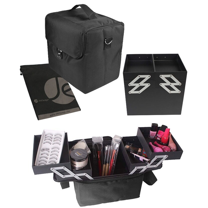 Javoedge Black Makeup Organizer Box With Carrying Strap Inner Pockets Fold Out Storage
