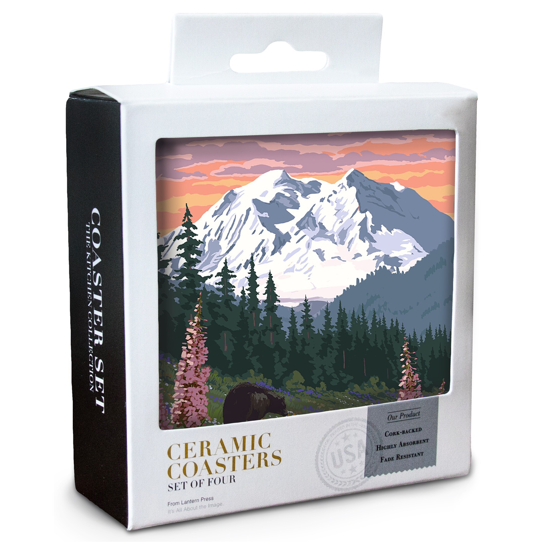 Denali National Park Alaska Bears Spring Flowers Lantern Press Artwork Set Of 4 Ceramic Coasters Cork Backed Absorben