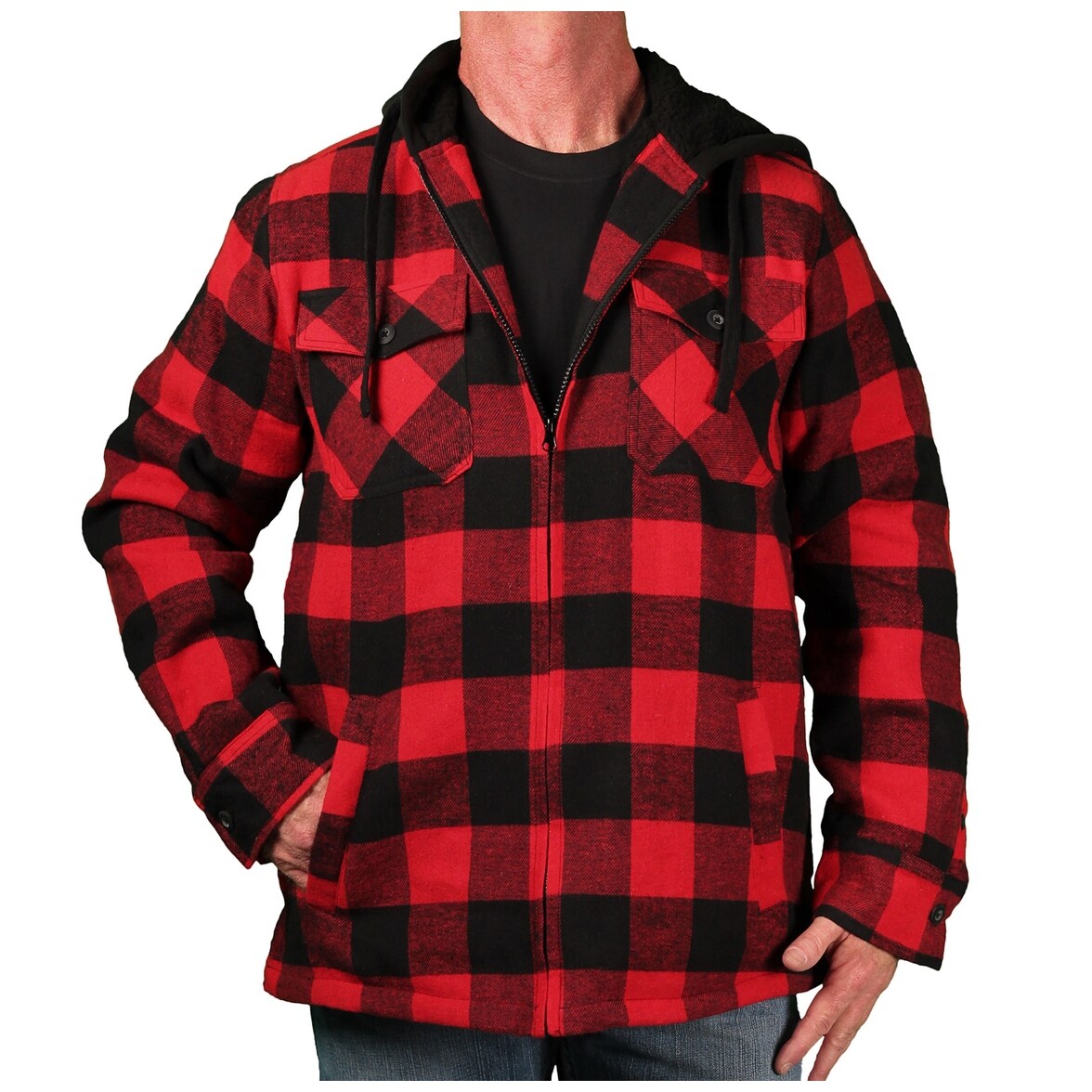 red and black plaid jacket with hood