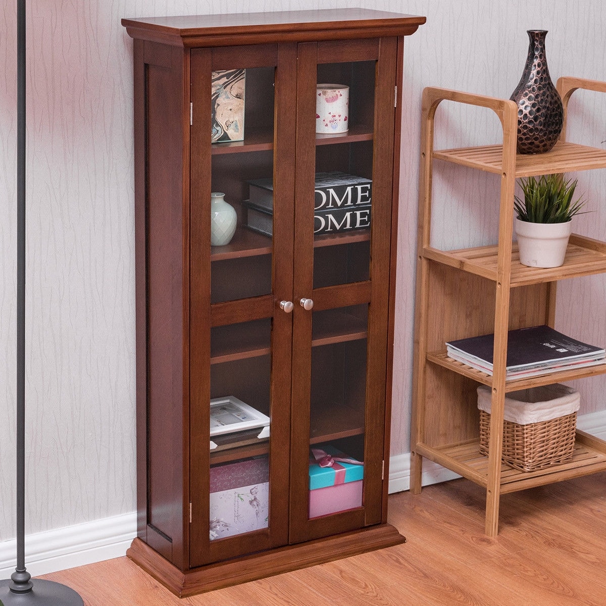 Costway 44 5 Wood Media Storage Cabinet Cd Dvd Shelves Tower Costway 44 5 Wood Media Storage Cabinet Cd Dvd Shelves Tower Gl Doors Walnut Free Shipping Today 20680929