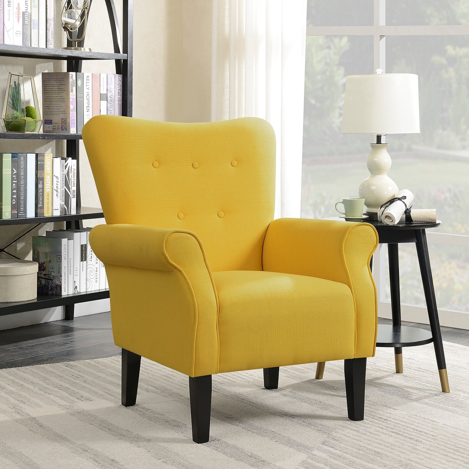 Belleze modern linen accent chair armrest living room w wood leg citrine yellow