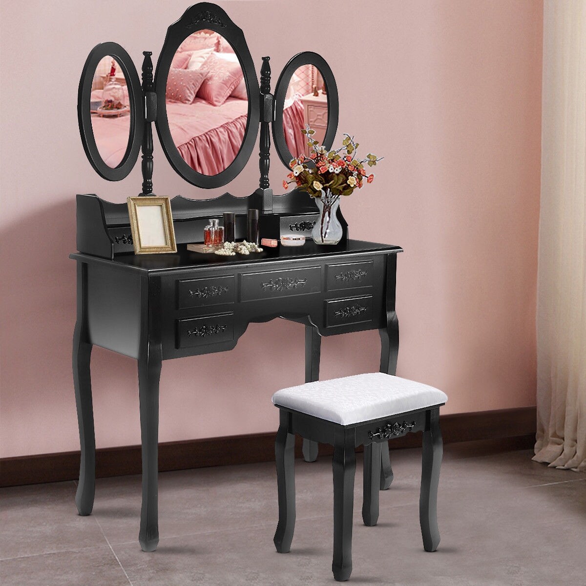 Shop Costway Black Tri Folding Oval Mirror Wood Vanity Makeup Table