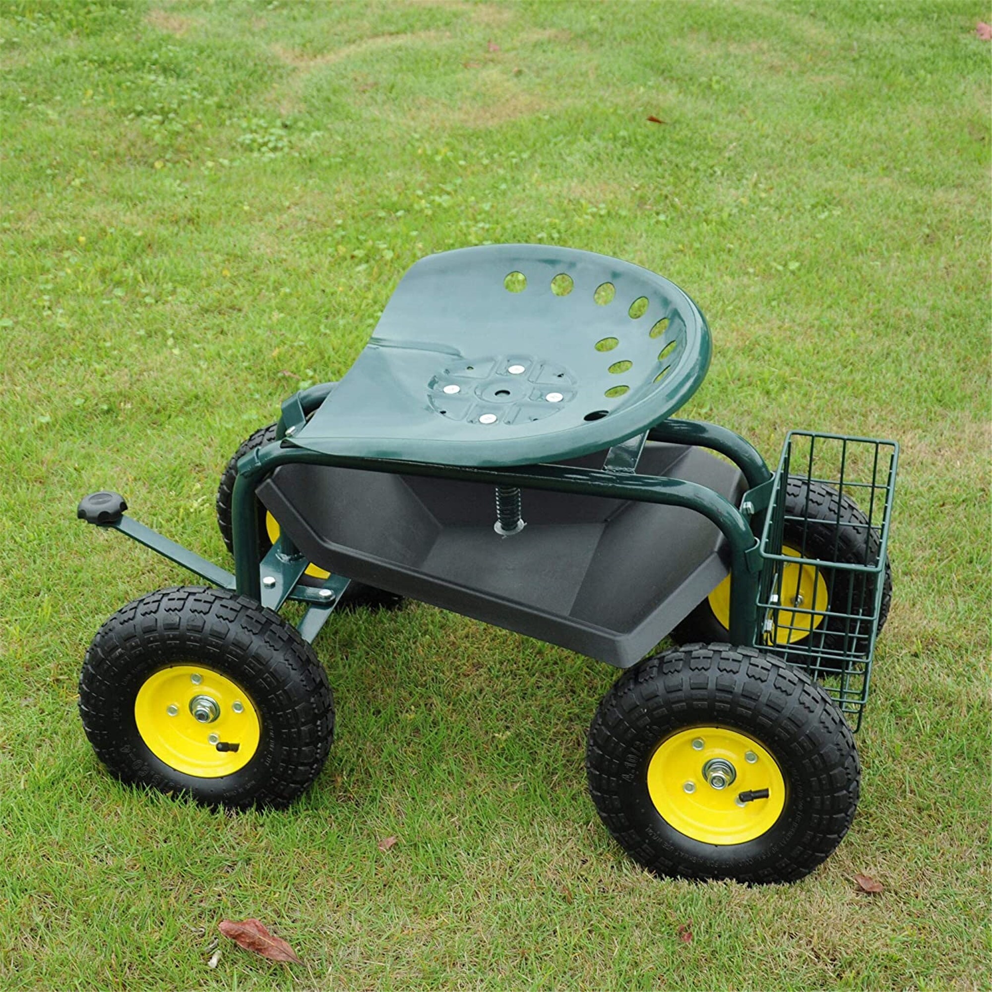 Steerable Rolling Work Seat Garden Stool Cart With Tool Tray And Storage Basket Heavy Duty Scooter Green Overstock 31624132