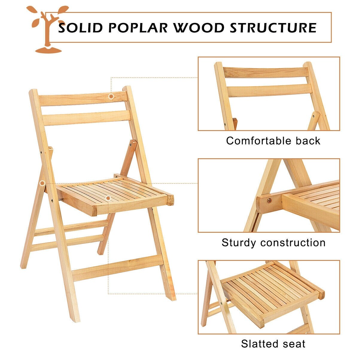 Costway Set Of 4 Solid Wood Folding Chairs Slatted Seat Wedding Patio Garden Furniture