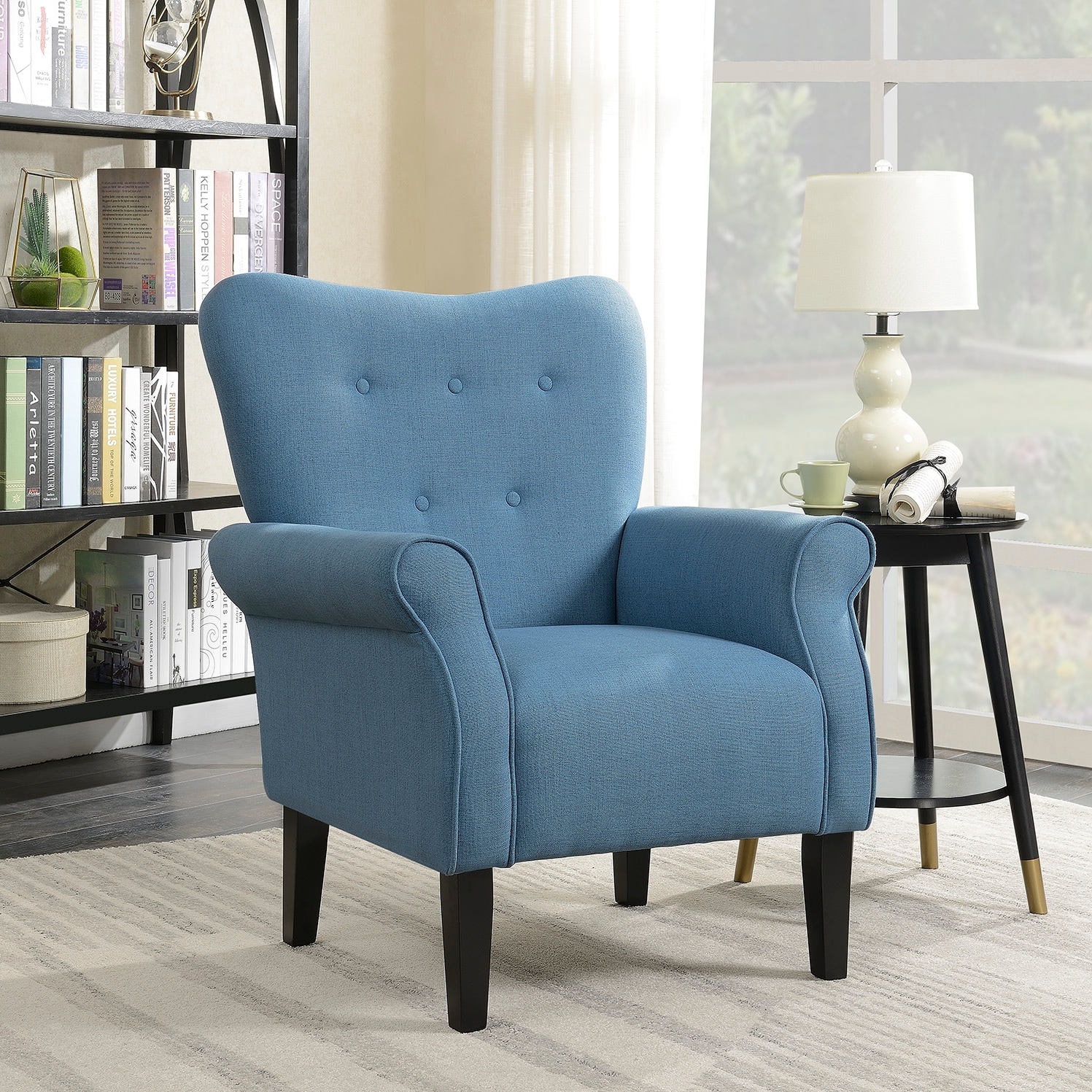 Belleze modern linen accent chair armrest living room w wood leg blue
