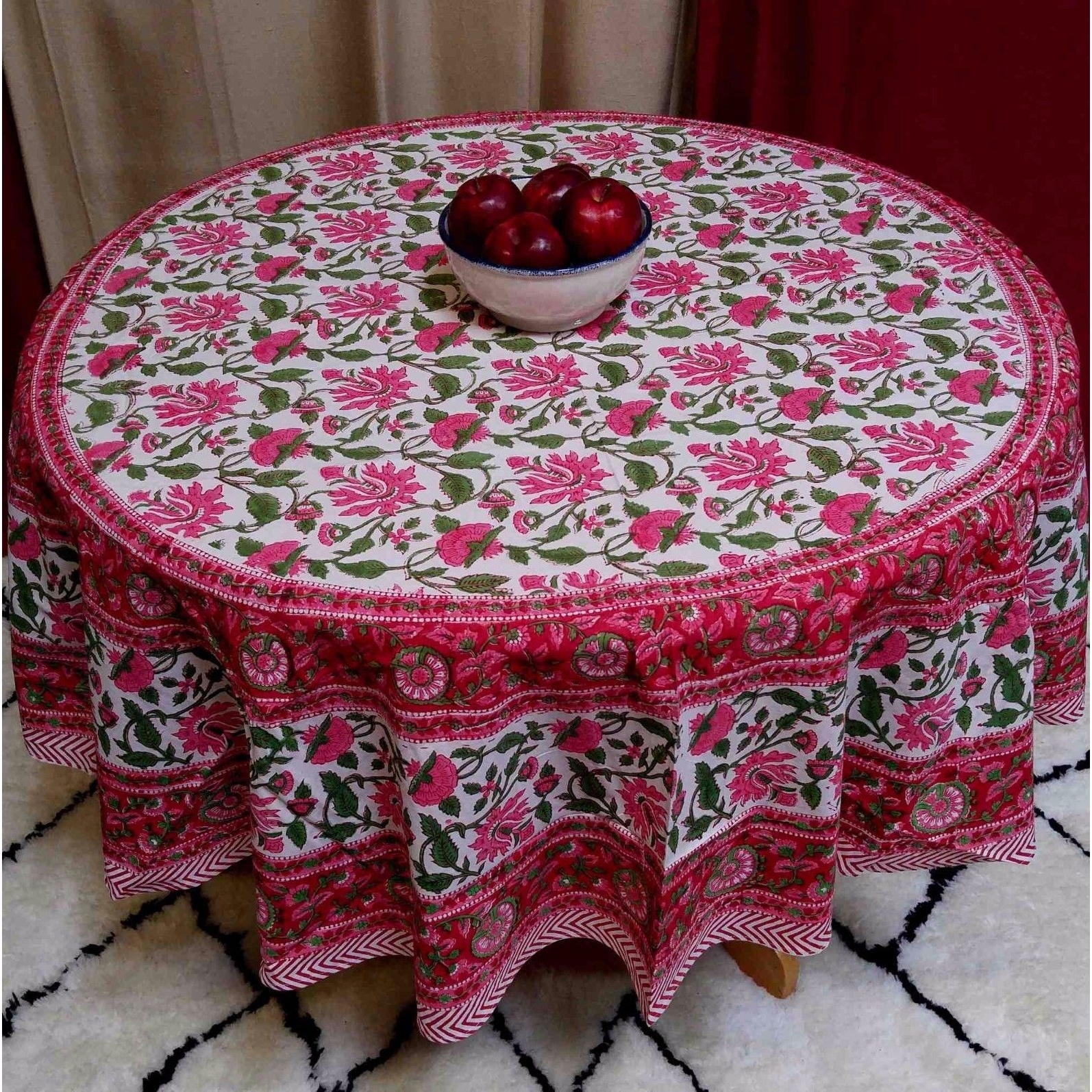 Handmade Lotus Flower Block Print Round Tablecloth Rectangular Cotton Red, Handmade Lotus Flower Block Print Round Tablecloth Rectangular Cotton Red,