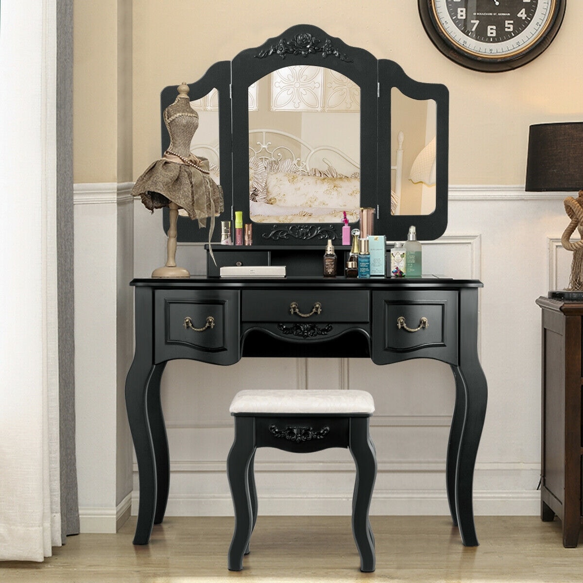 Gymax Bedroom Makeup Vanity Dressing Table Set With Stool Tri Folding Black 5 Drawers Overstock 25572444