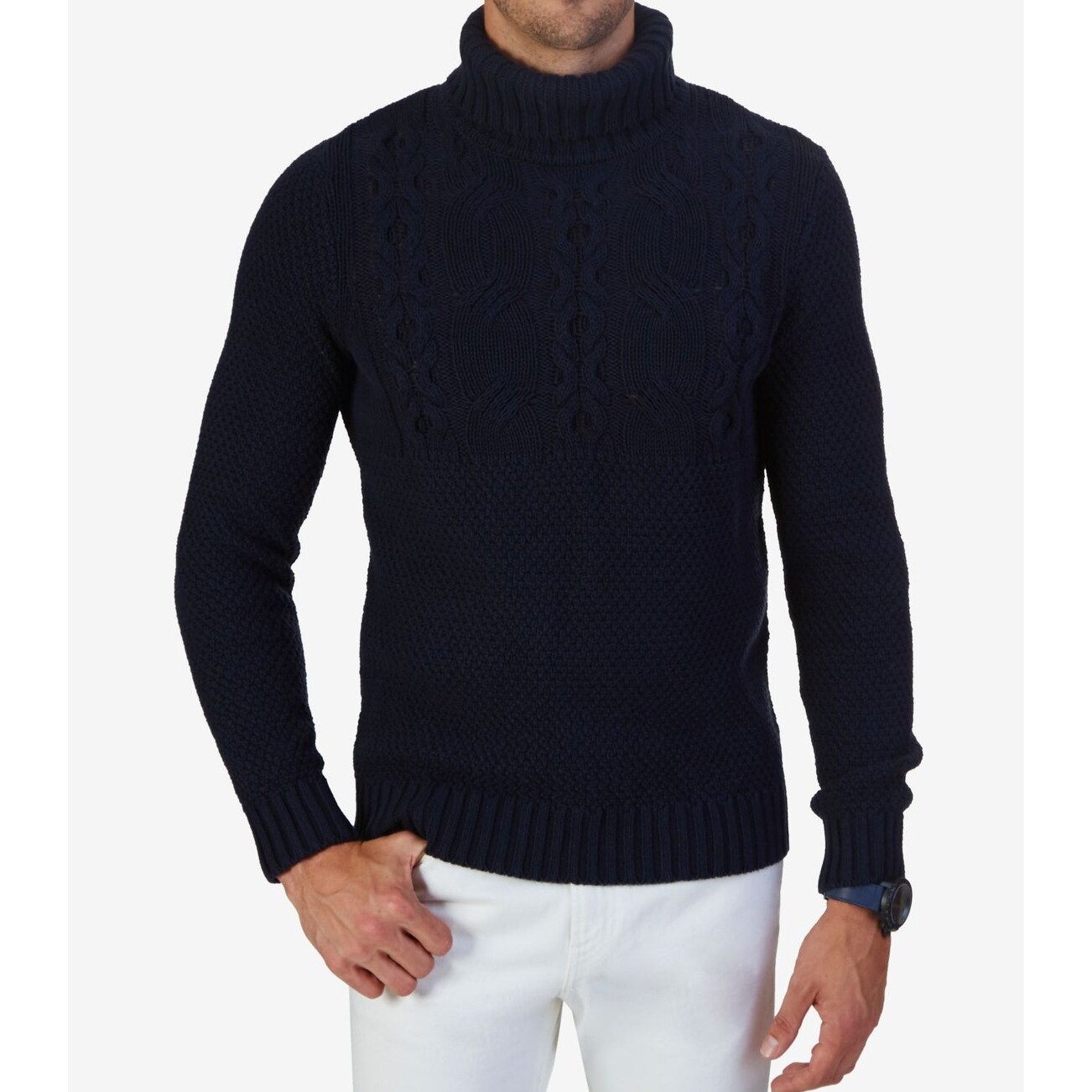 navy blue cable knit turtleneck sweater