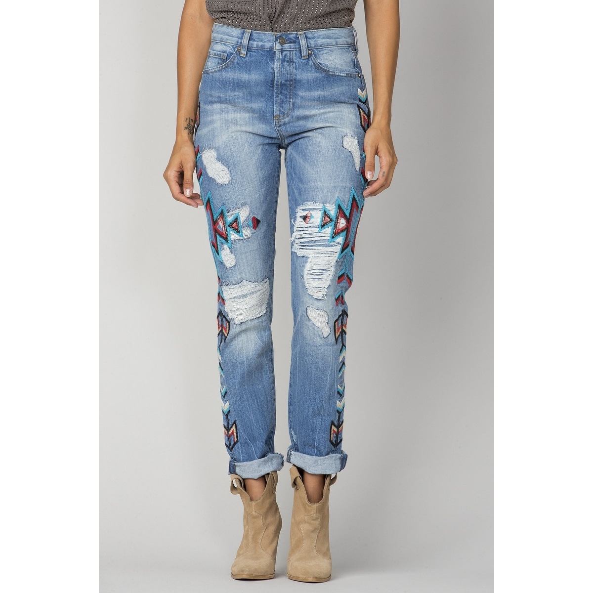 tribal embroidered jeans