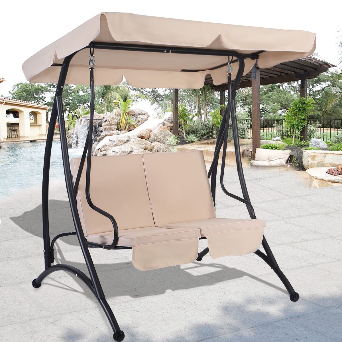 Costway Beige 2 Person Canopy Swing Chair Patio Hammock Seat Costway Beige 2 Person Canopy Swing Chair Patio Hammock Seat Cushioned Furniture Steel