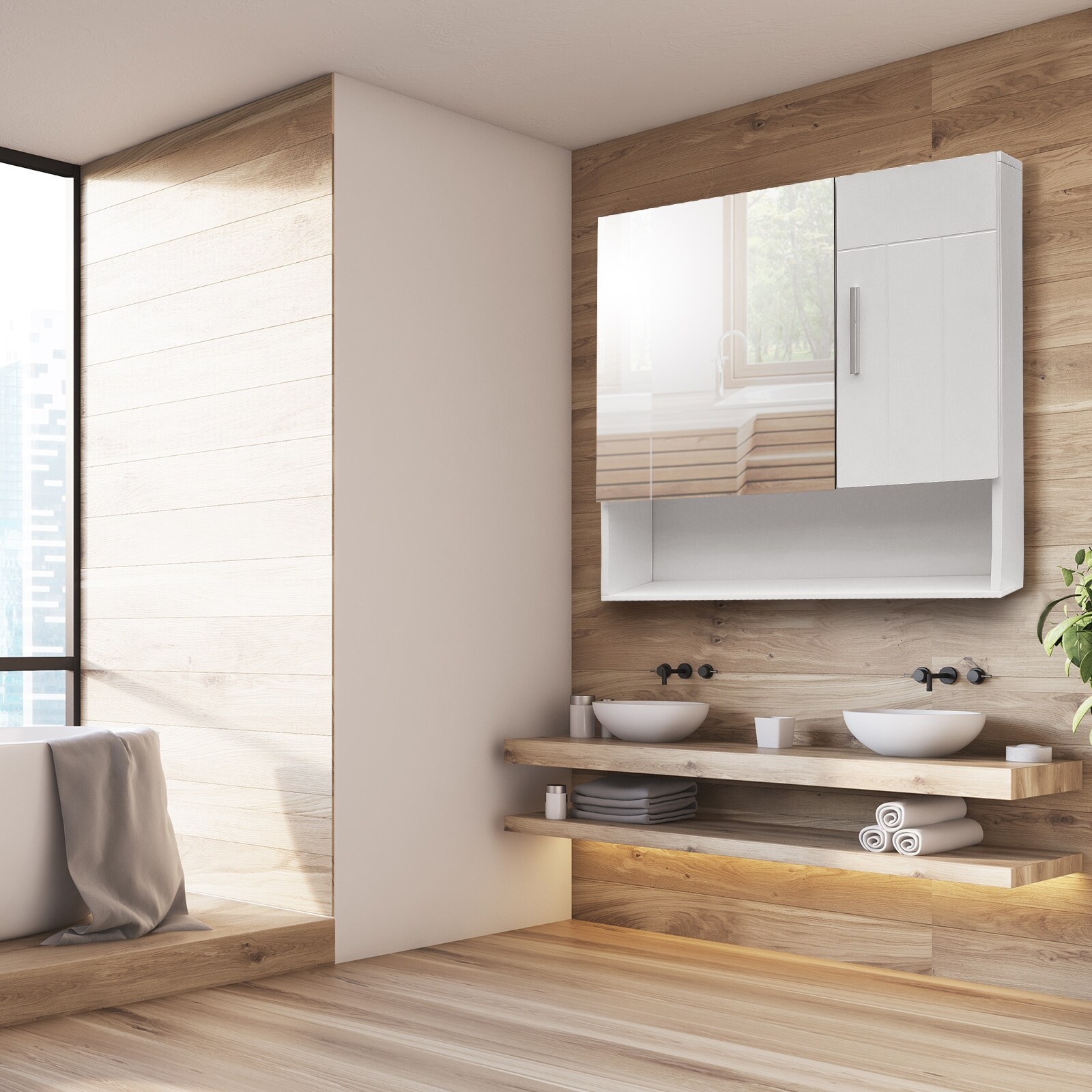 Fch White Mdf Spray Paint One Mirror Door One Wooden Door Bathroom Wall Cabinet Overstock 33614421
