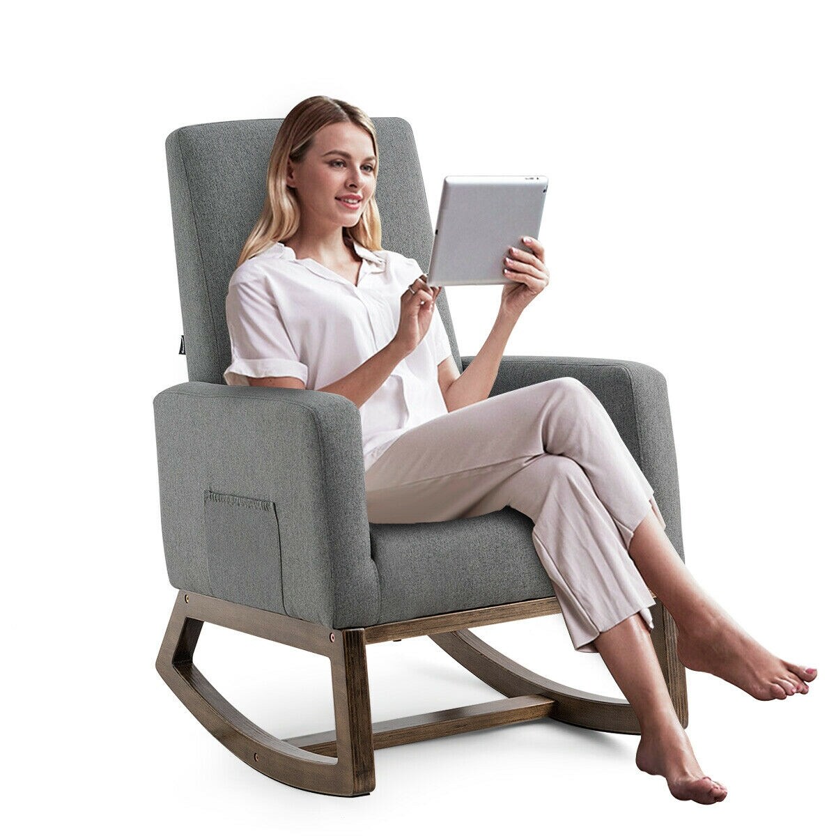 Shop Costway Mid Century Retro Fabric Upholstered Massage Rocking Chair Overstock 24121487