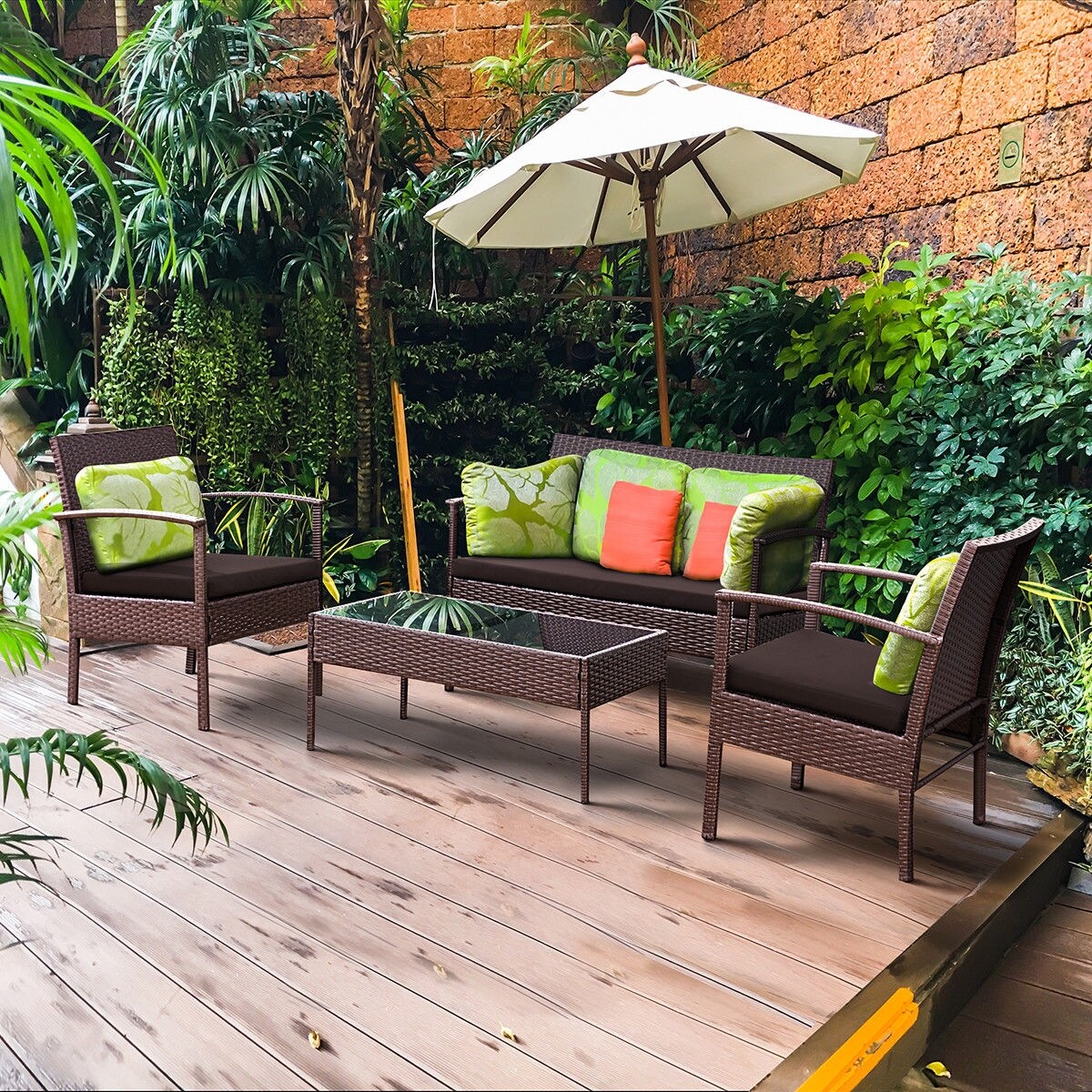 Costway 4 Pcs Patio Rattan Wicker Furniture Set Brown Loveseat Costway 4 Pcs Patio Rattan Wicker Furniture Set Brown Loveseat Sofa Cushioned Garden Yard