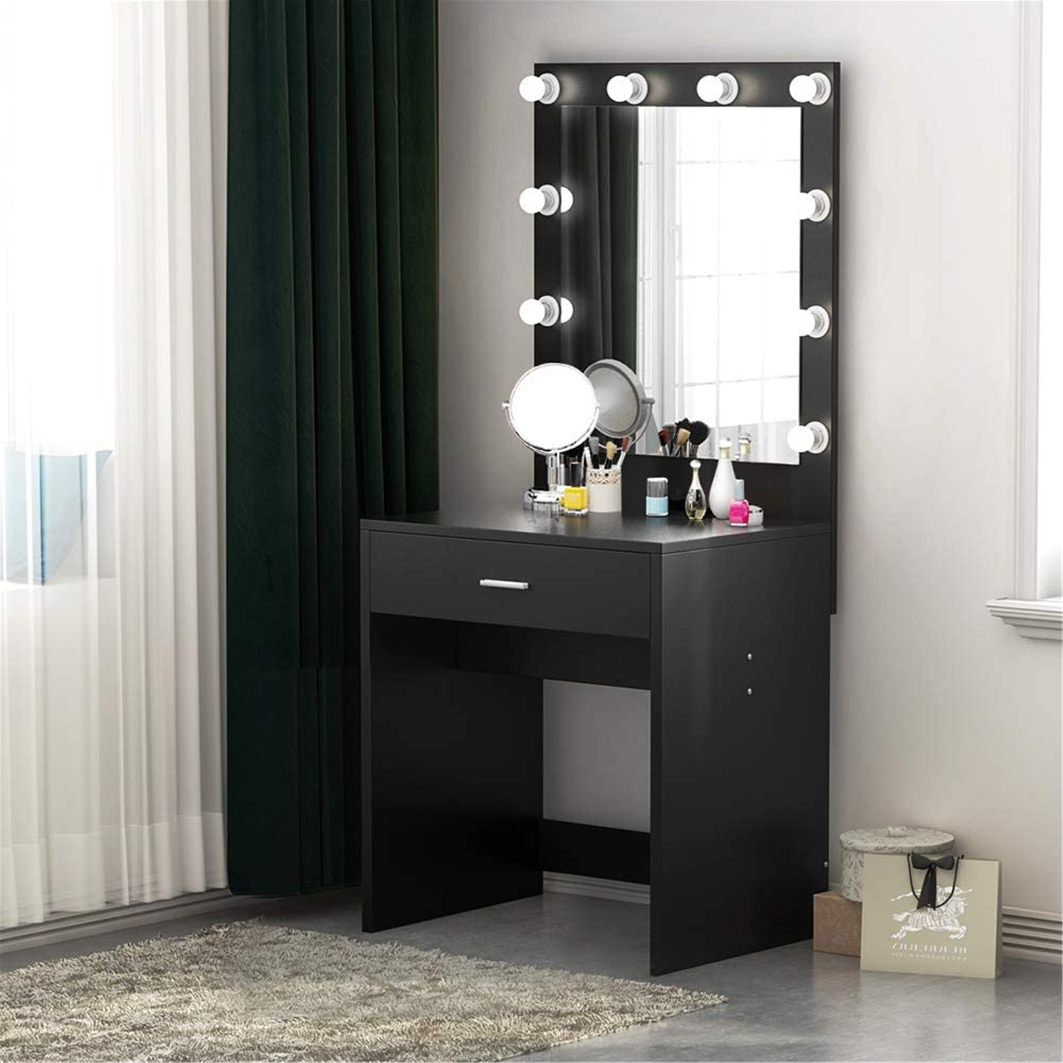 compact mirrored dressing table