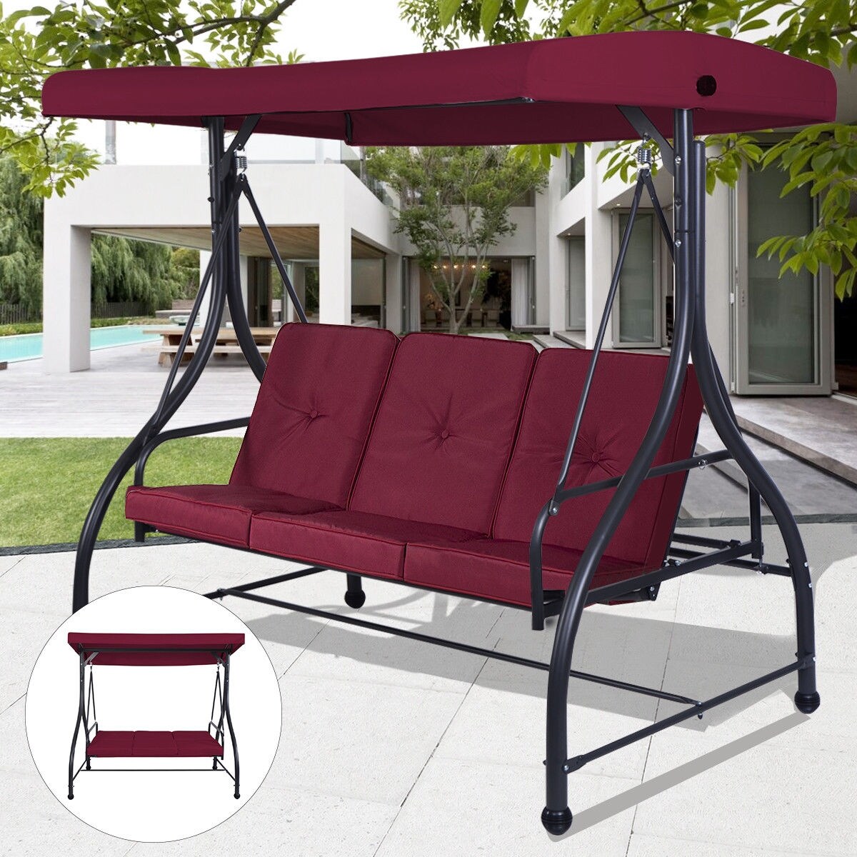 Costway Converting Outdoor Swing Canopy Hammock 3 Seats Patio Deck Furniture Wine Red