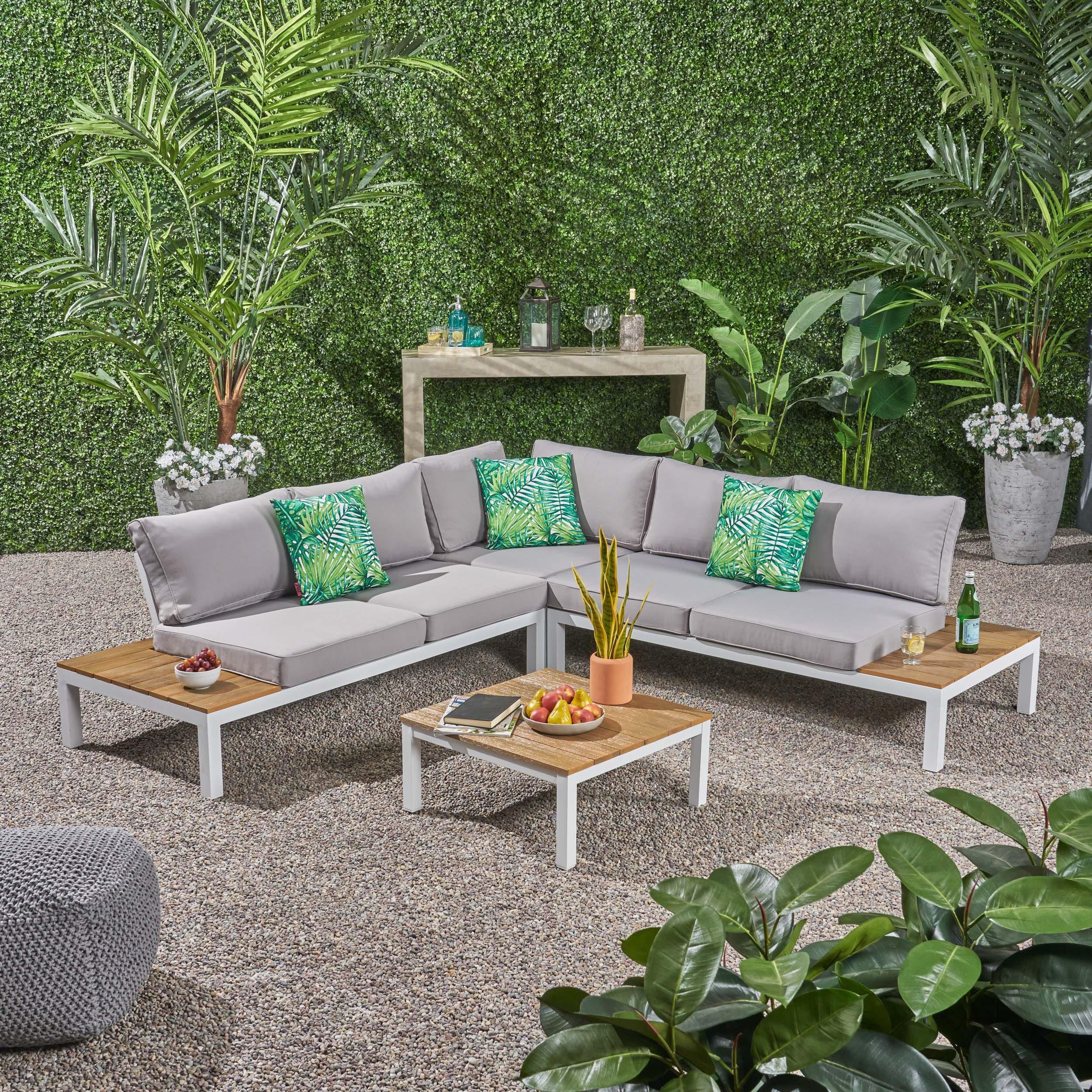 Shop Eldon Outdoor V Shaped Aluminum And Wood Sofa Set By Christopher Knight Home Overstock 25982283