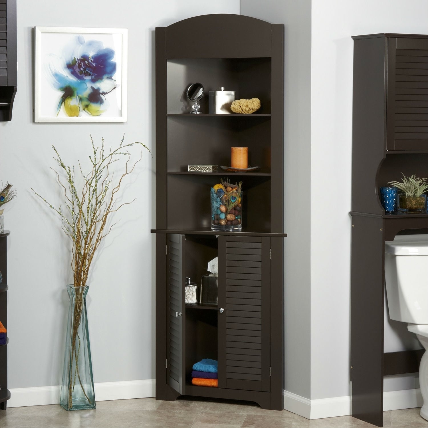 Espresso Bathroom Linen Tower Corner Towel Storage Cabinet With 3 Open Shelves Pictured Overstock 30677590