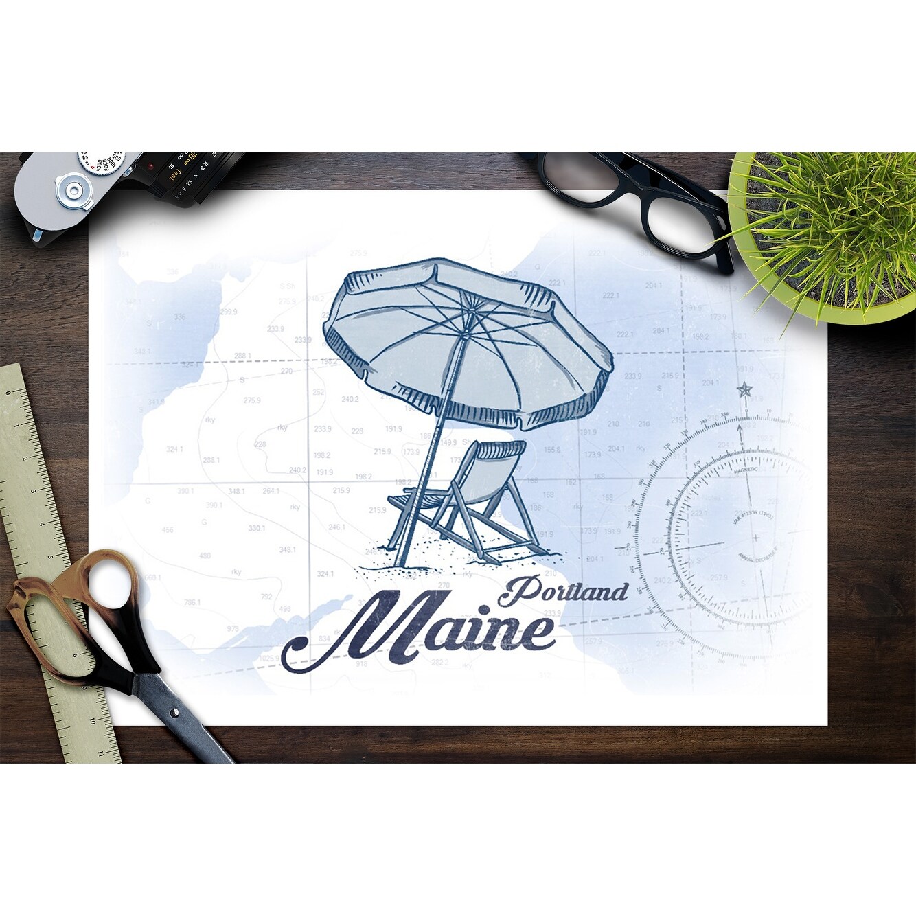Portland Maine Beach Chair Umbrella Blue Coastal Icon Lantern Press Artwork Art Print Multiple Sizes Available