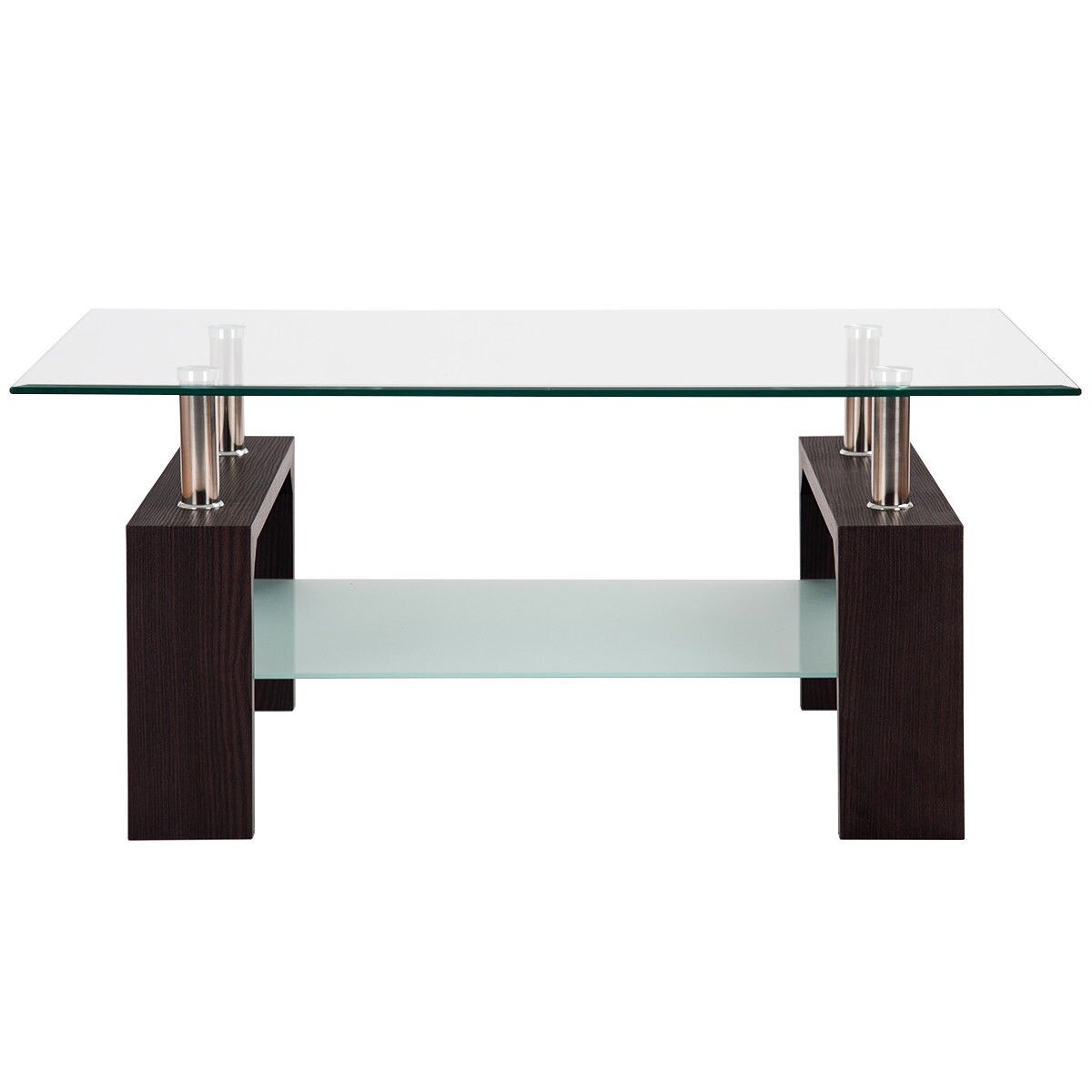 Costway Rectangular Tempered Gl Coffee Table W Shelf Wood Living Room Furniture As Pic