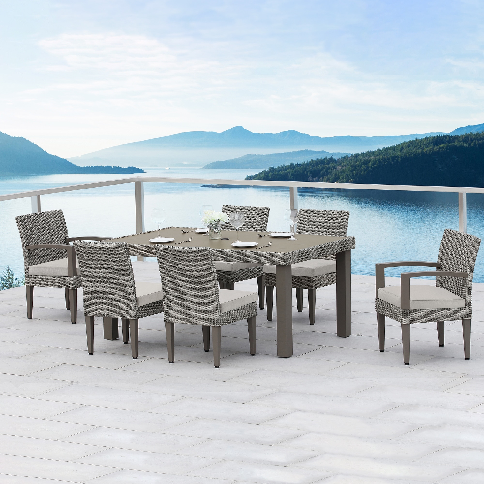 Shop Ove Decors Sutton Ii 7 Piece Aluminum Frame Grey Rectangular Patio Dining Set With Light Grey Olefin Acrylic Cushions Overstock 30767552