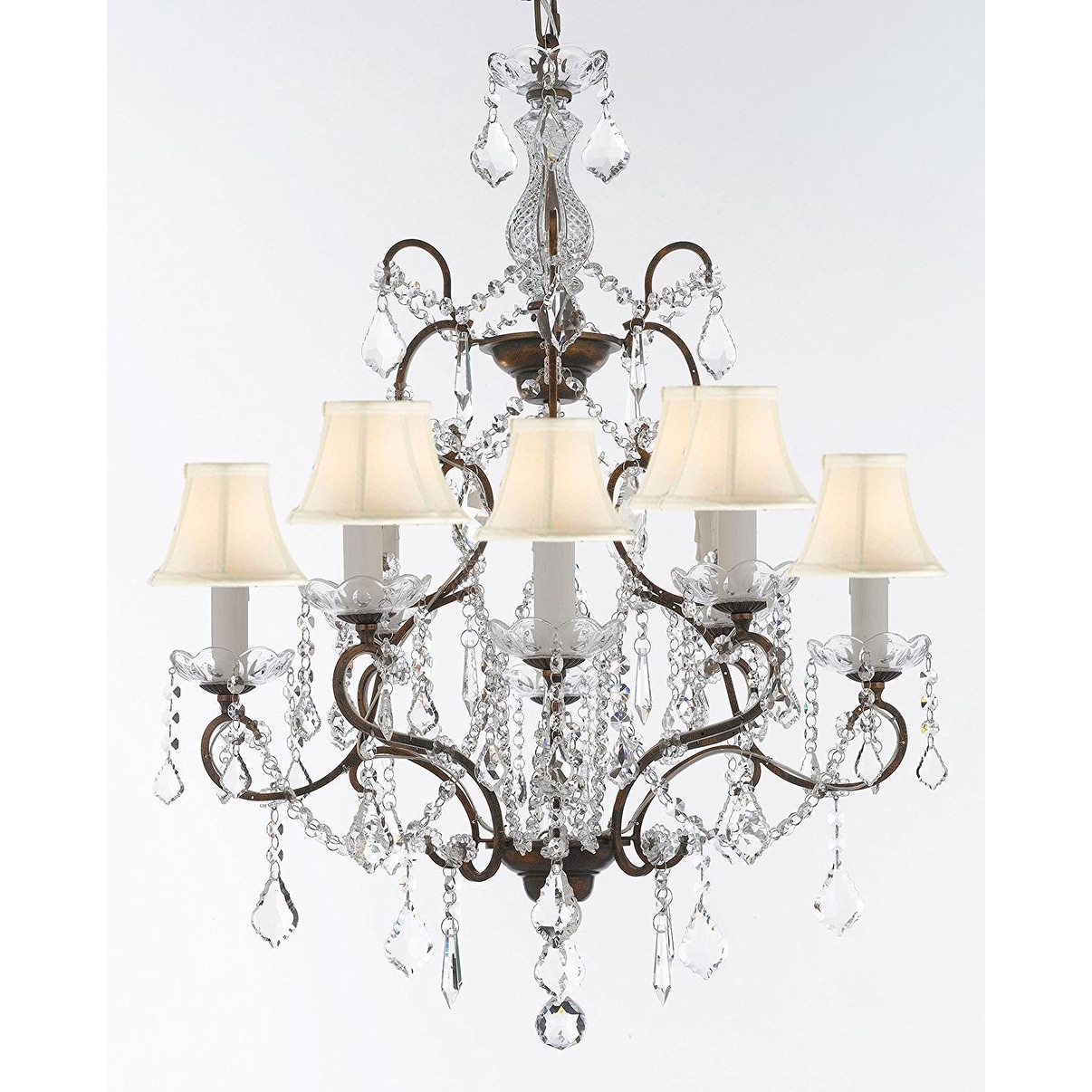 Swarovski Tcrystal Trimmed Wrought Iron Chandelier With White Shades Swarovski Tcrystal Trimmed Wrought Iron Chandelier With White Shades Free Today 26920283