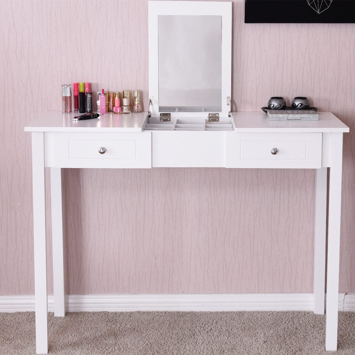 Costway Vanity Table Dressing Flip Top Desk Mirror 2 Costway Vanity Table Dressing Flip Top Desk Mirror 2 Drawers Furniture White On Free Shipping Today 19626757