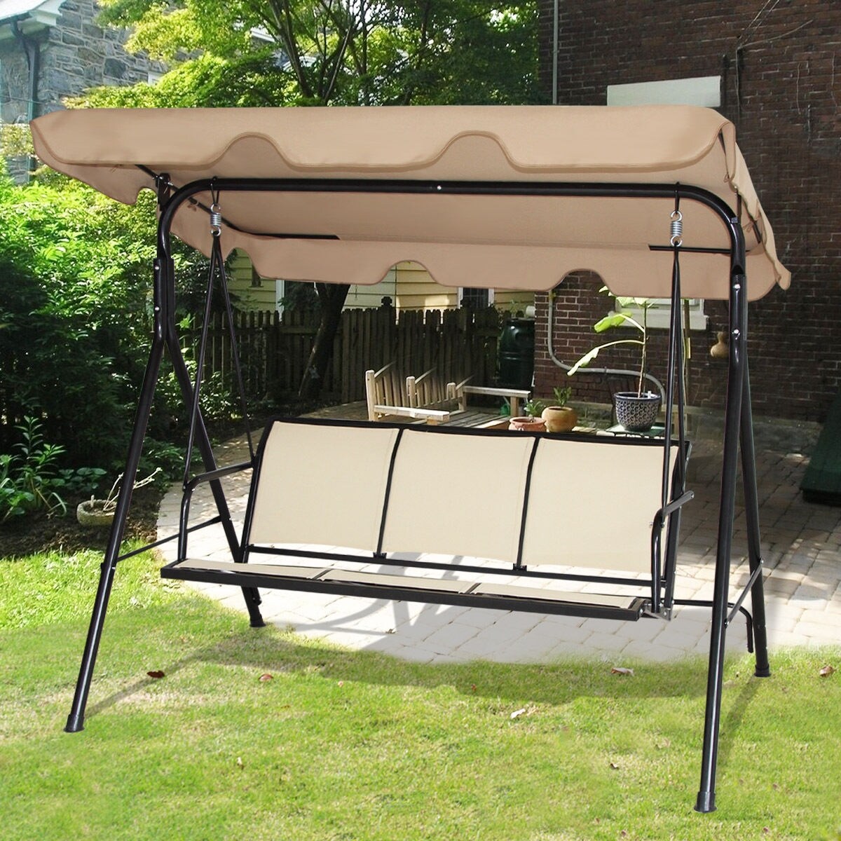 Shop Gymax Brown Outdoor Swing Canopy Patio Swing Chair 3 Person Shop Gymax Brown Outdoor Swing Canopy Patio Swing Chair 3 Person