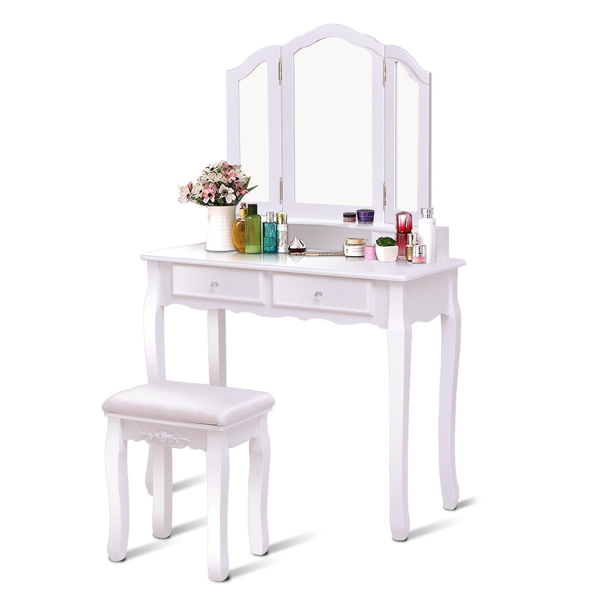 Gymax Bathroom Tri Folding Mirror Vanity Makeup Table Stool Set White