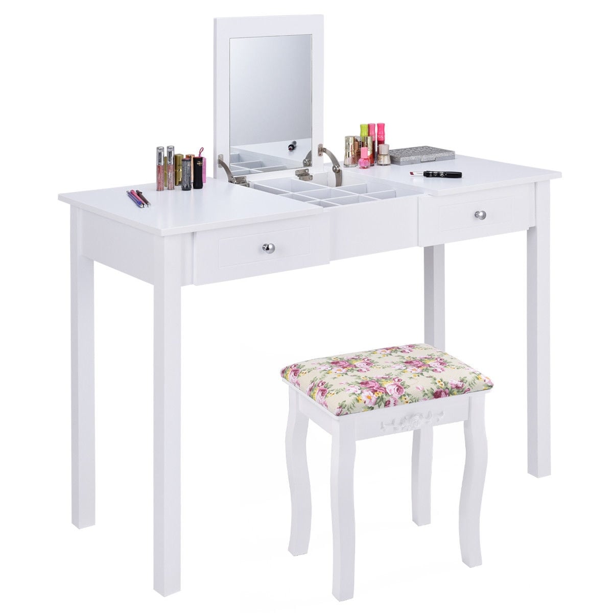 Costway Vanity Table Dressing Flip Top Desk Mirror 2 Costway Vanity Table Dressing Flip Top Desk Mirror 2 Drawers Furniture W Stool White