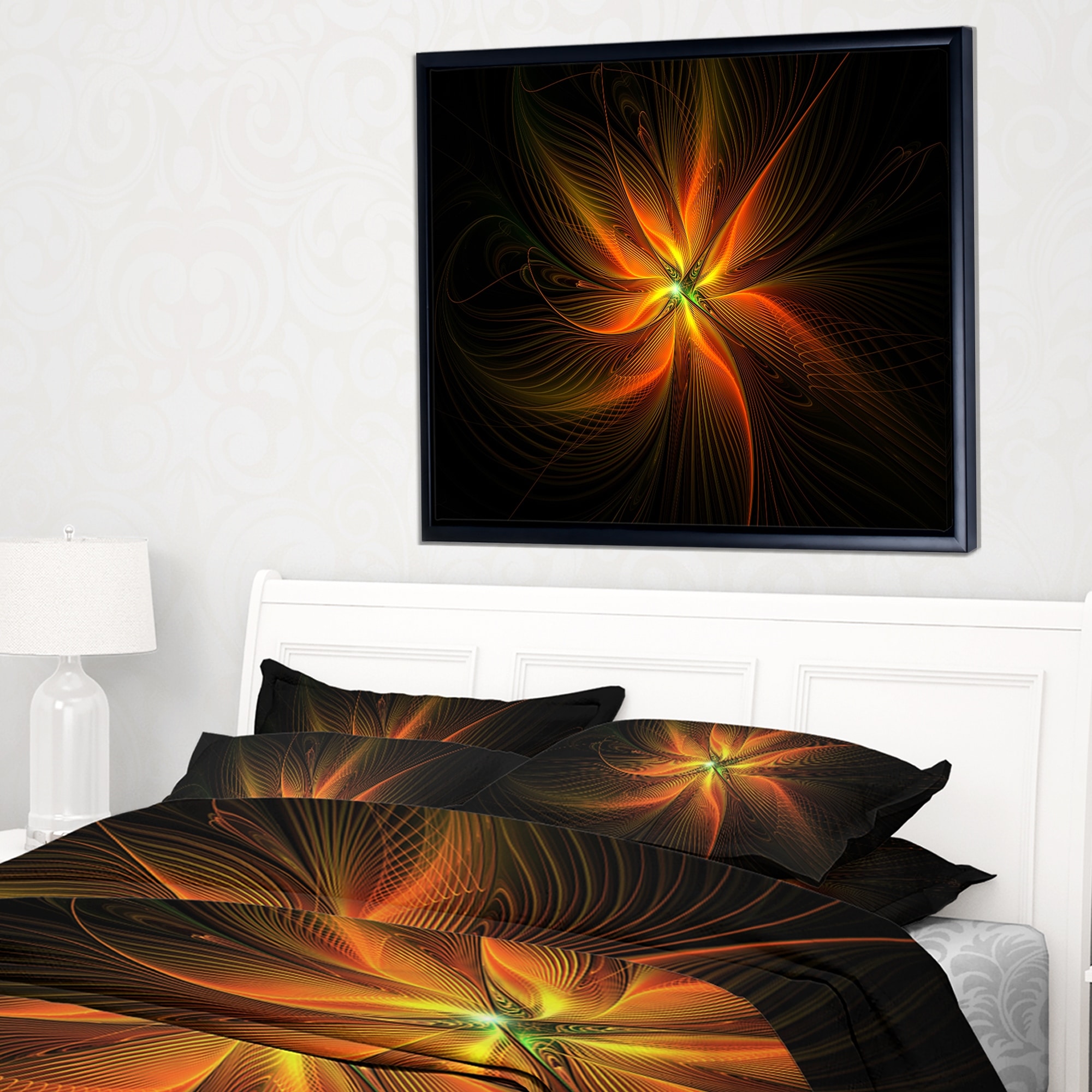 Designart Shiny Golden Yellow Fractal Flower On Black Floral Framed Canvas Art Print Overstock 18958761