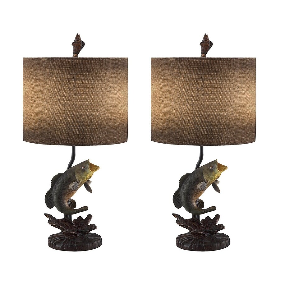 Wave Jumper Bass Fish Table Lamp With Antiqued Burlap Shade Set Of 2 Green Overstock 17026461