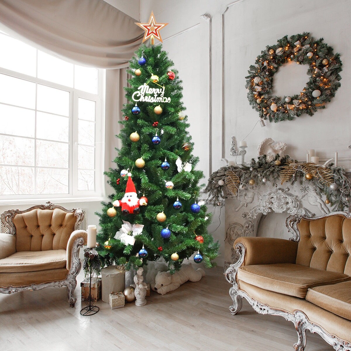Costway 7Ft PVC Artificial Christmas Tree Encryption Premium Hinged W Metal Stand Green Costway 7Ft PVC Artificial Christmas Tree Encryption Premium Hinged W Metal Stand Green